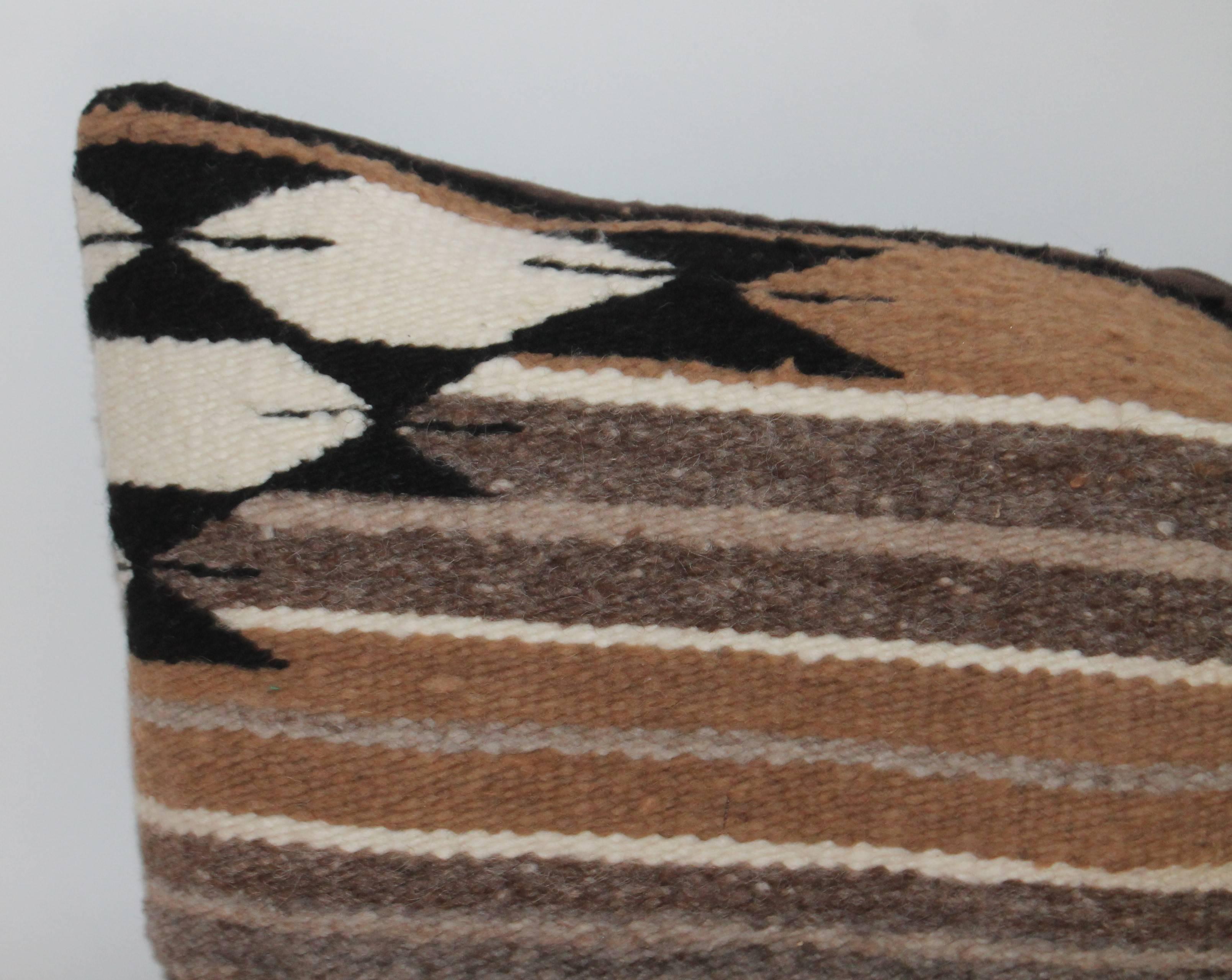 These geometric Navajo Indian saddle blanket bolster pillows are in fine condition. Dark brown cotton linen. Sold as a pair.