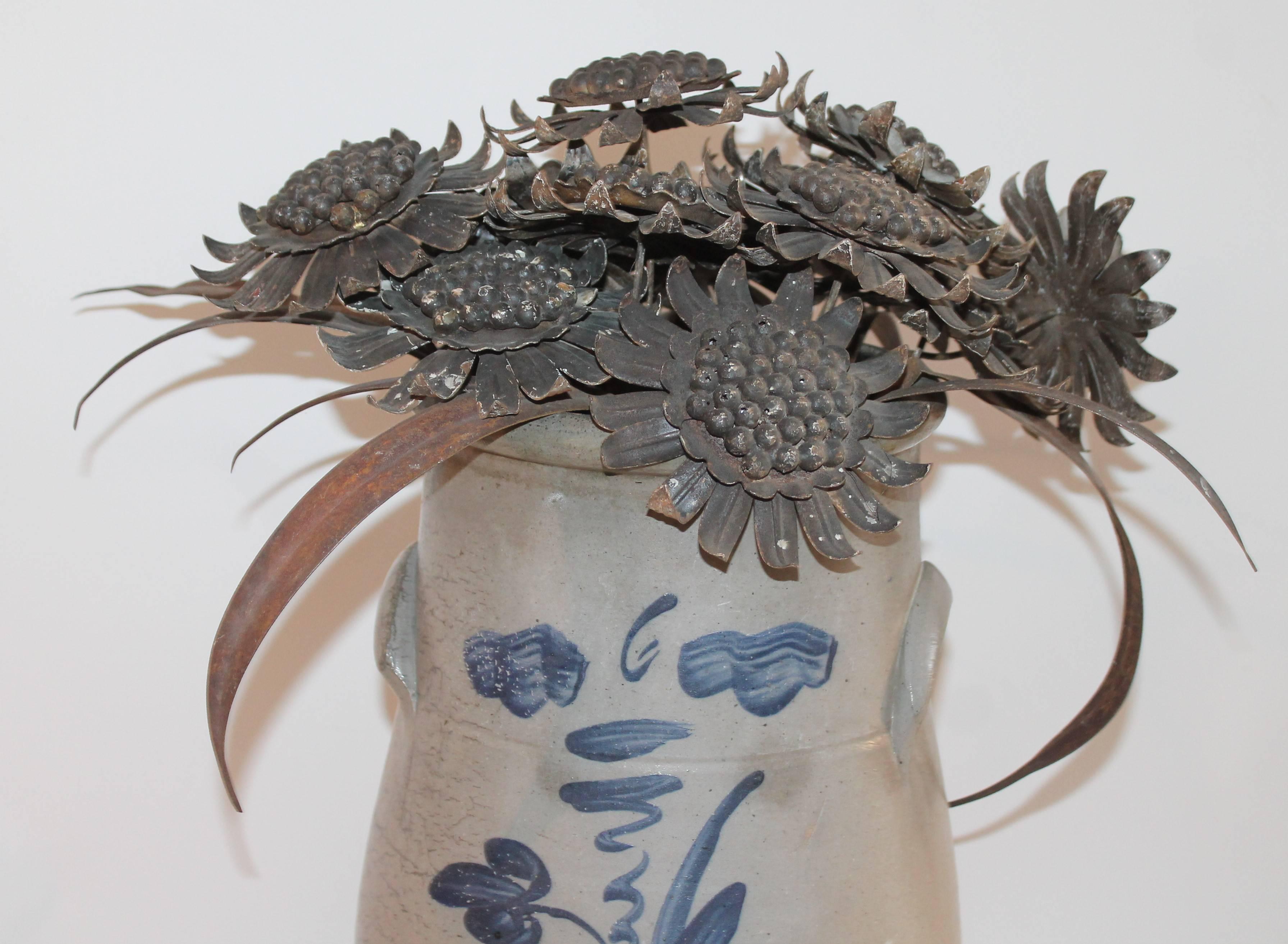 Hand-Crafted Late 19th Century Decorated Crock with 19th Century Tin Flowers
