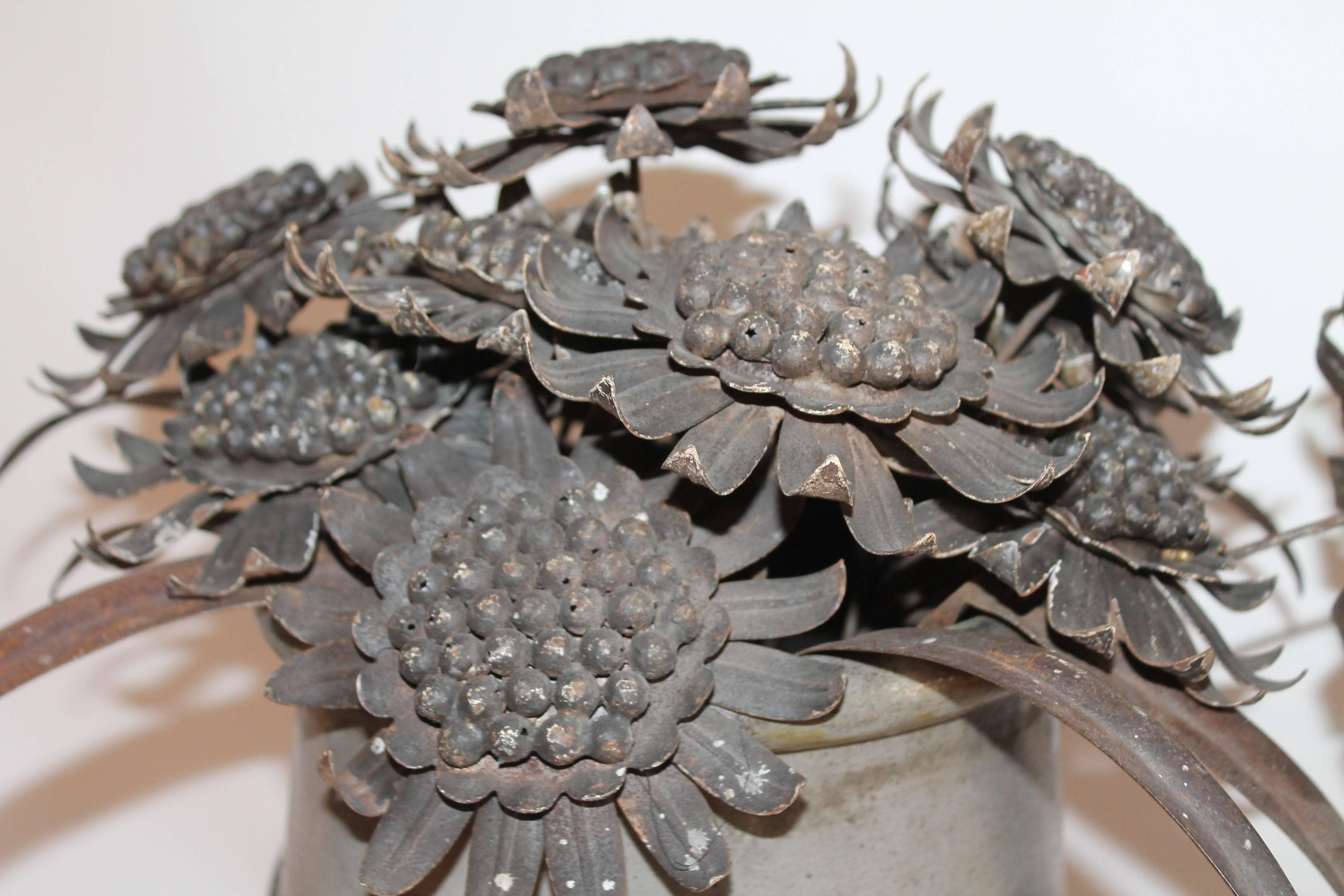 Ceramic Late 19th Century Decorated Crock with 19th Century Tin Flowers