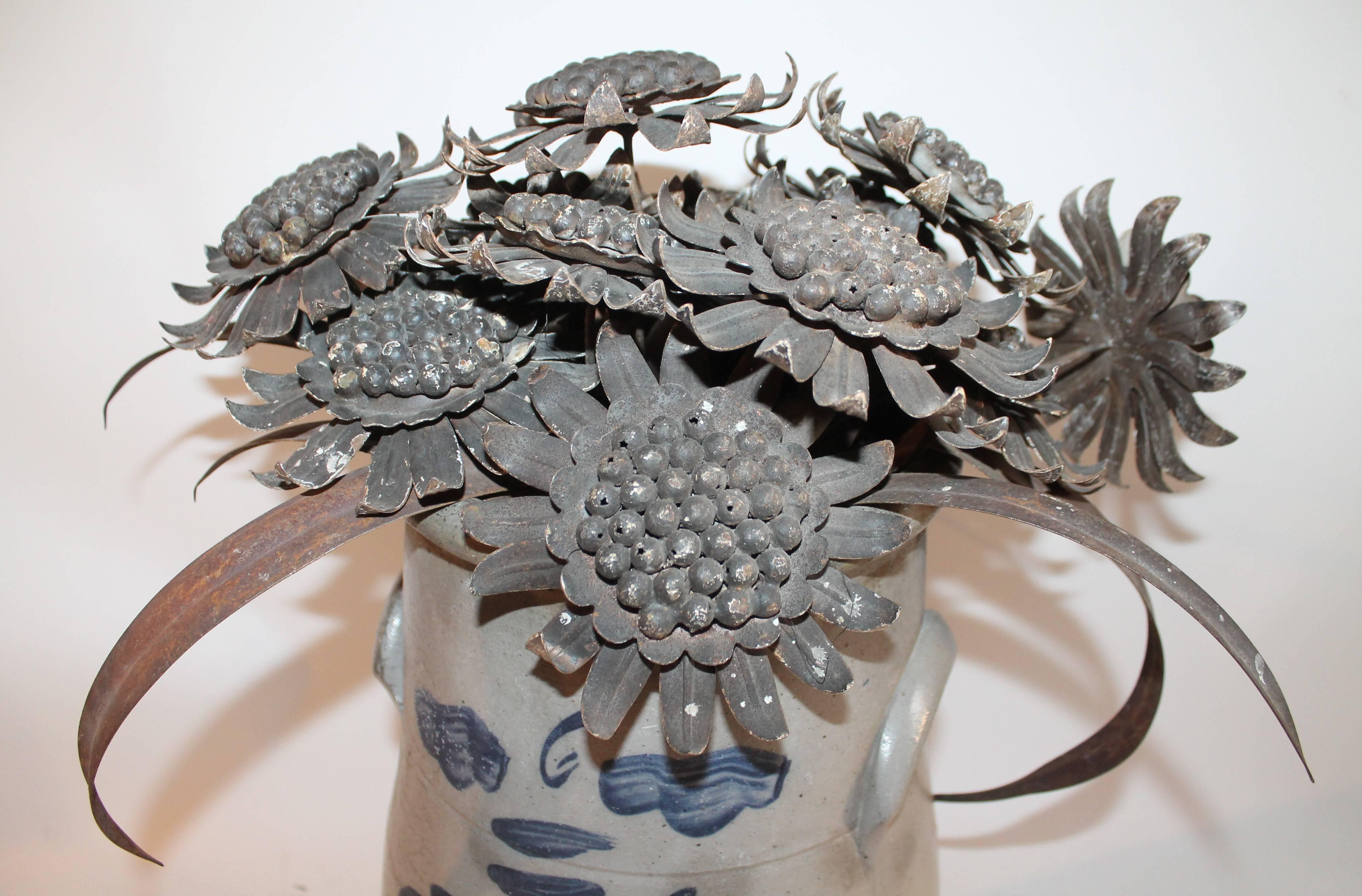 Late 19th Century Decorated Crock with 19th Century Tin Flowers 1