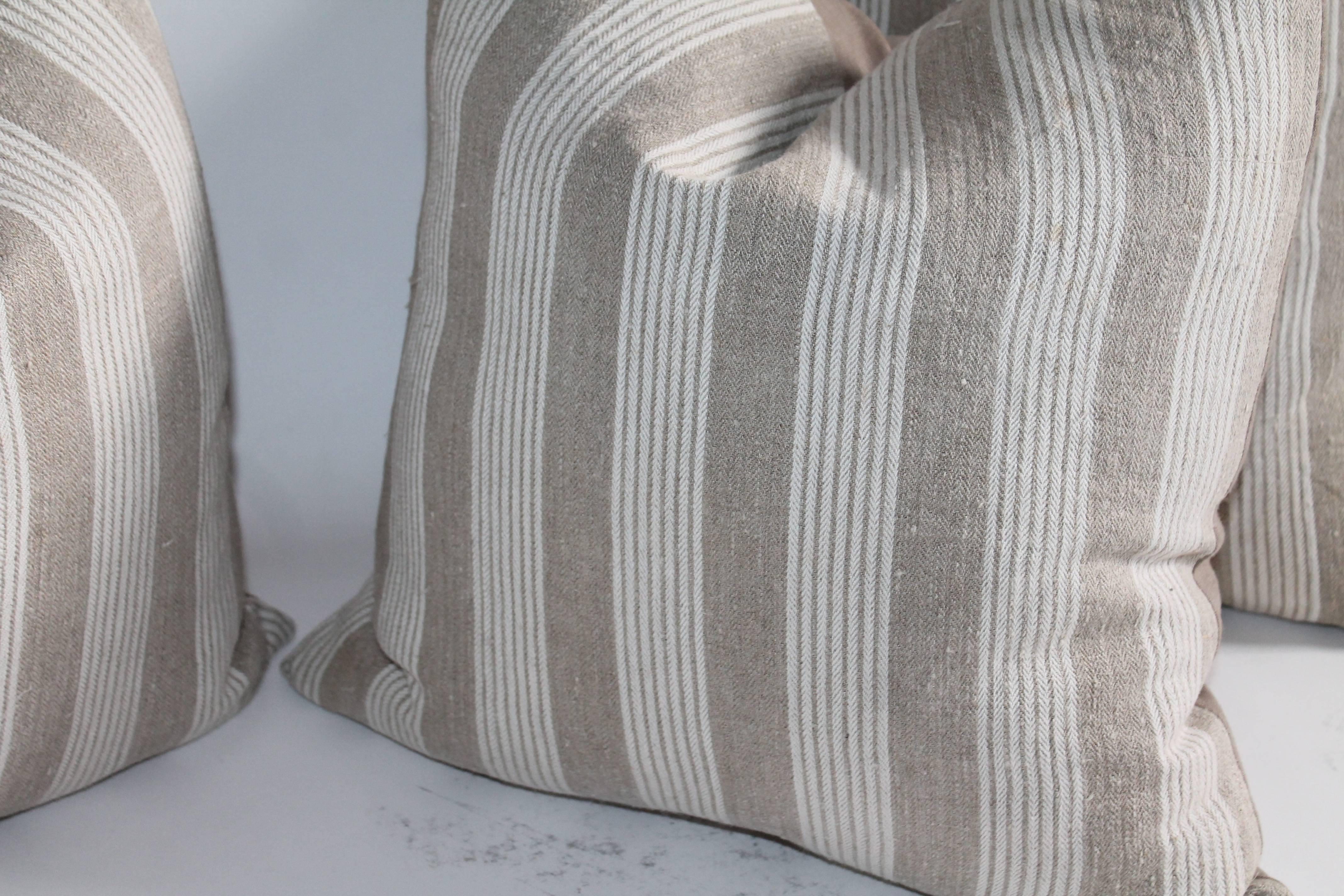 Country 19th Century Homespun Striped  Linen Pillows, Pair For Sale