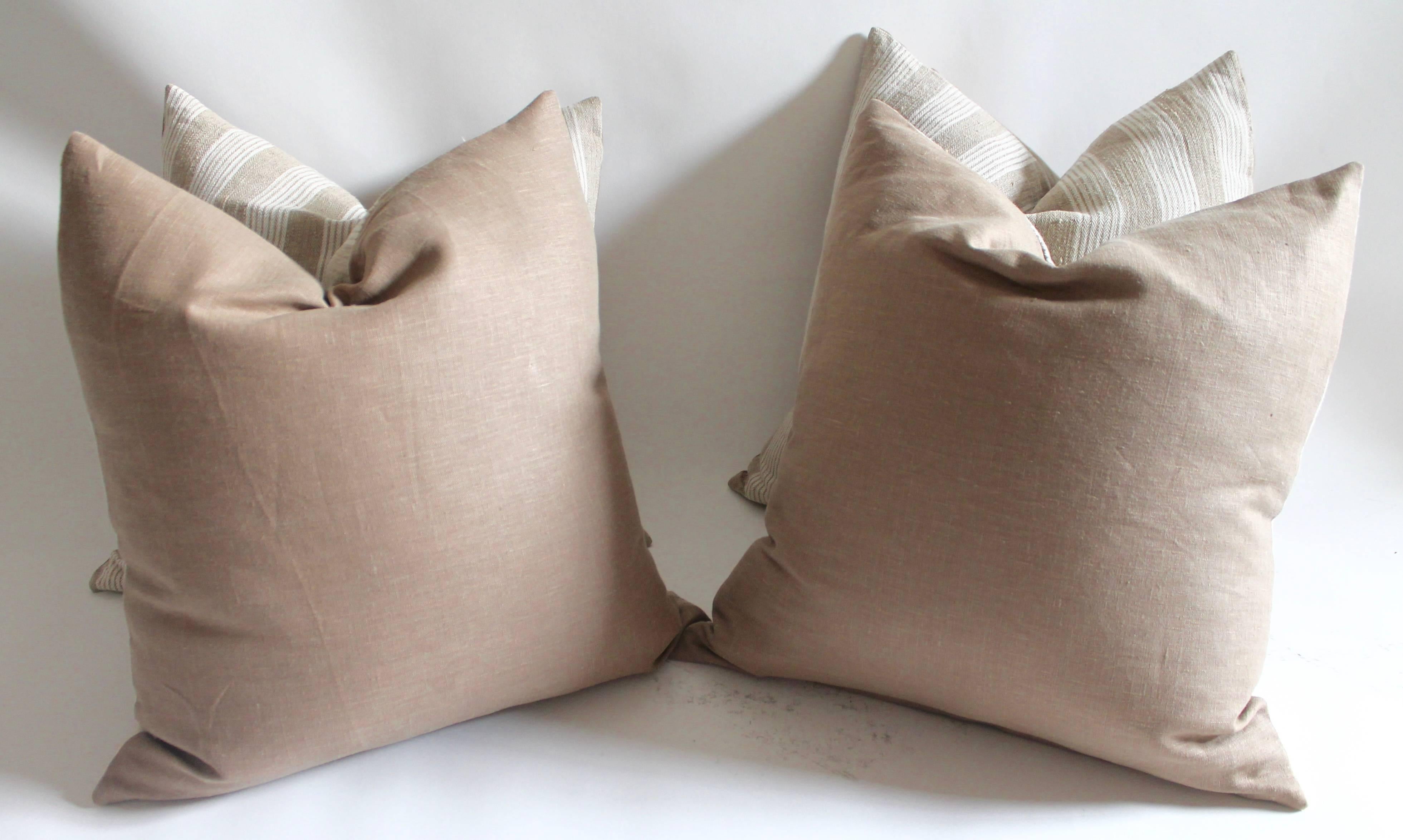 American 19th Century Homespun Striped  Linen Pillows, Pair For Sale