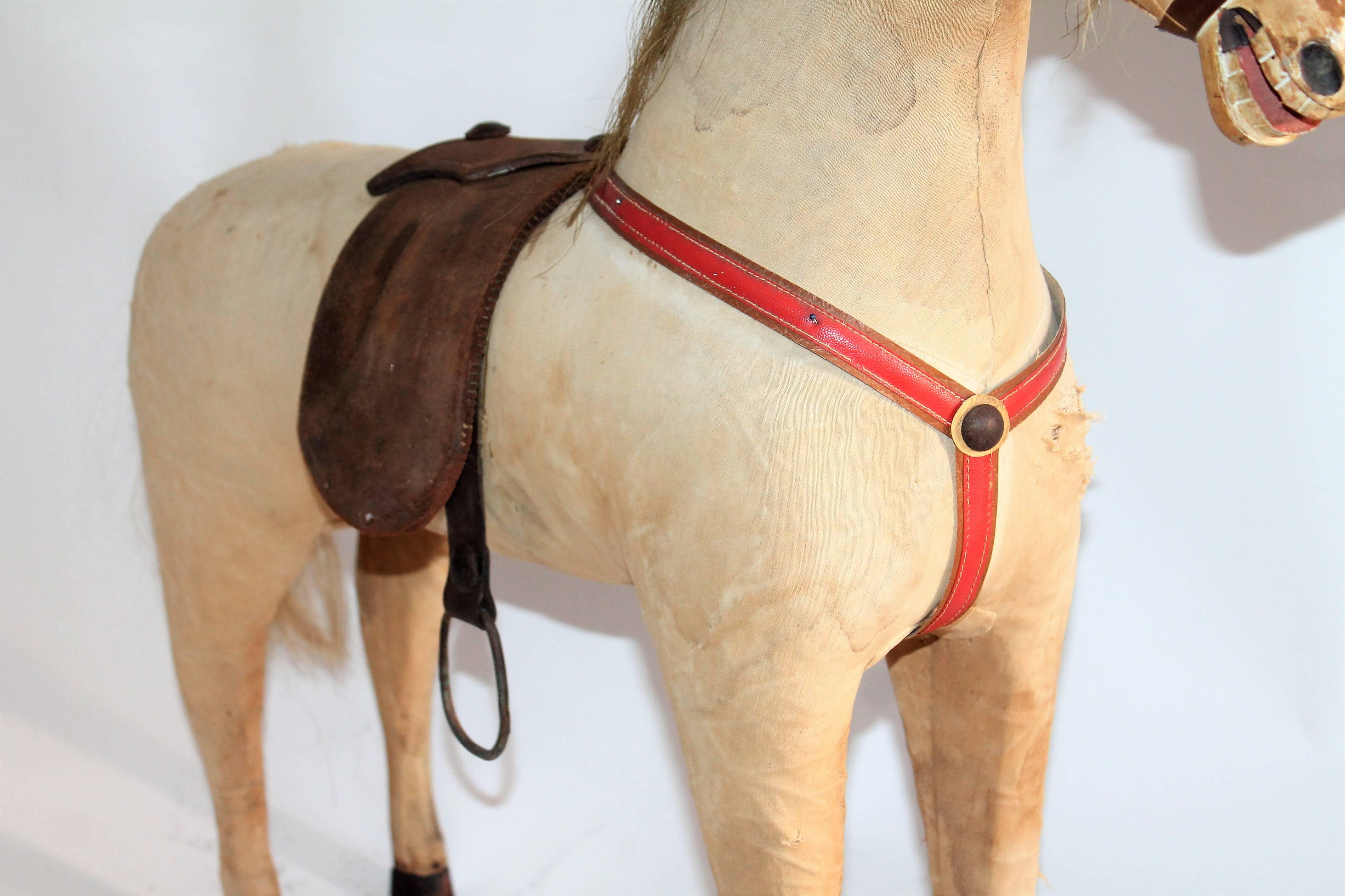 Hand-Crafted 19th Century Monumental Original Canvas and Leather Covered Horse