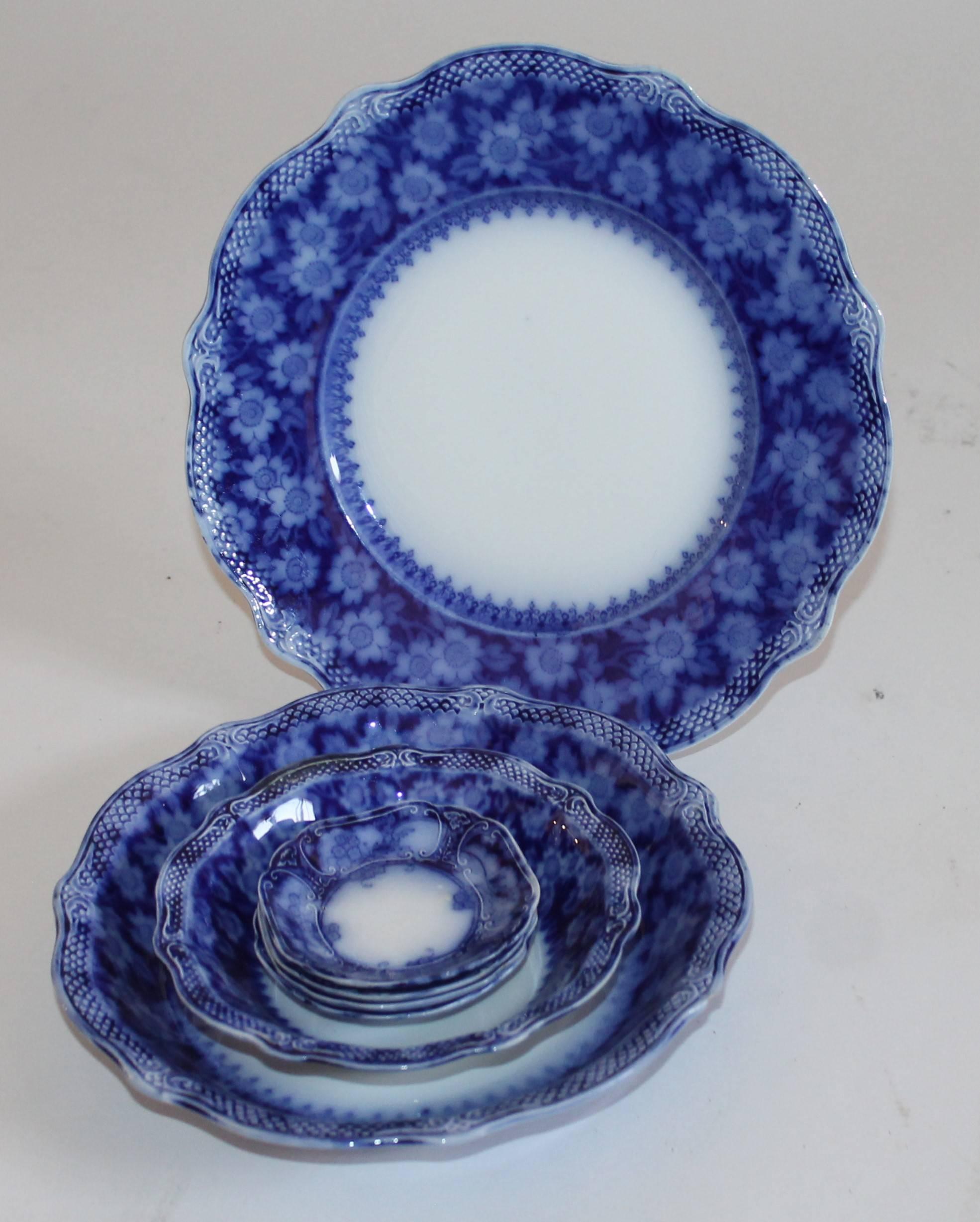 Country Set of Seven till and Sons Flow Blue Plates and Bowls