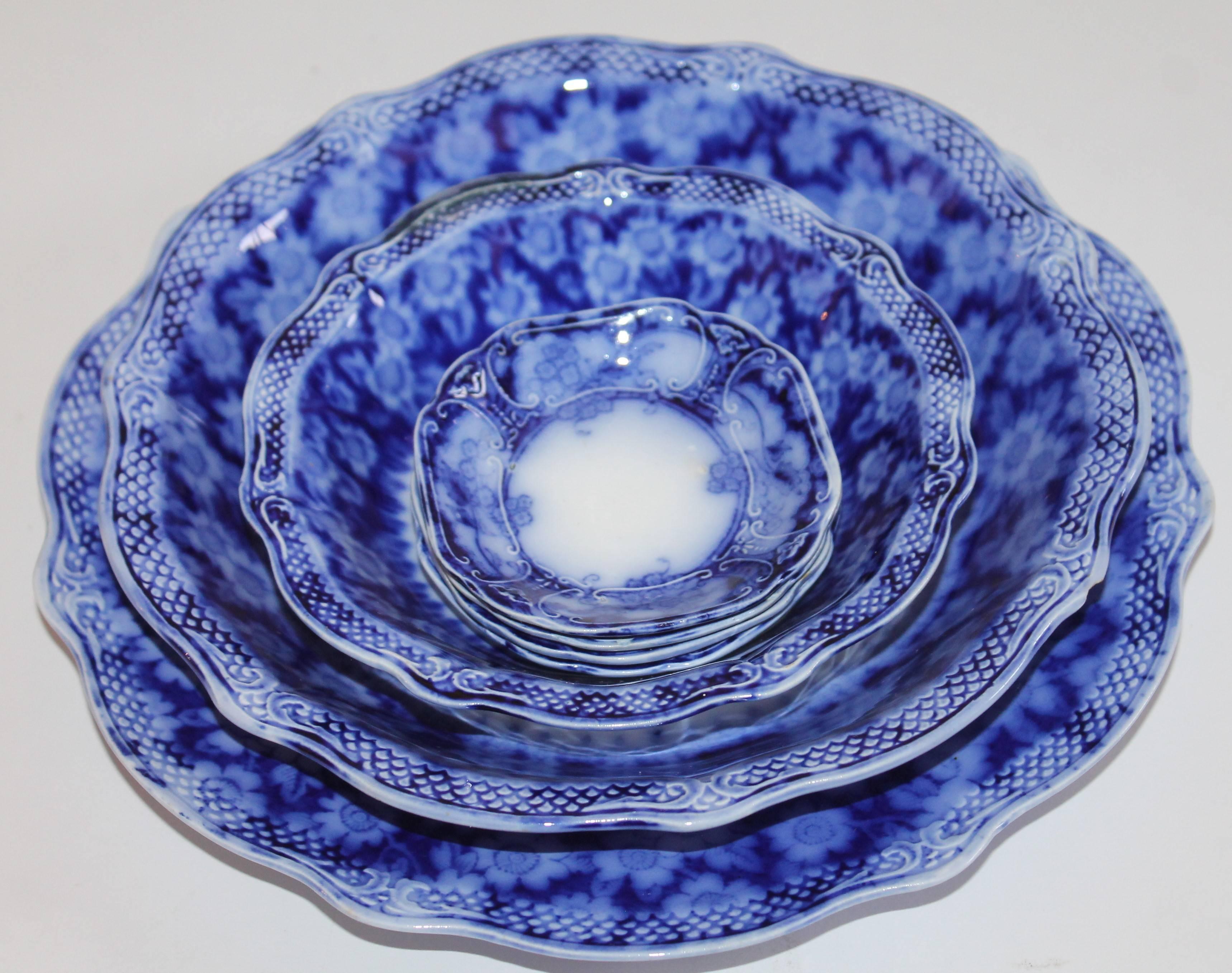 English Set of Seven till and Sons Flow Blue Plates and Bowls