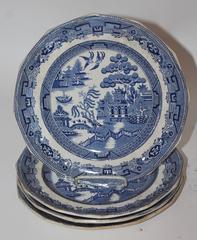 Early 19th Century Staffordshire Blue Willow Plates, Set of Four