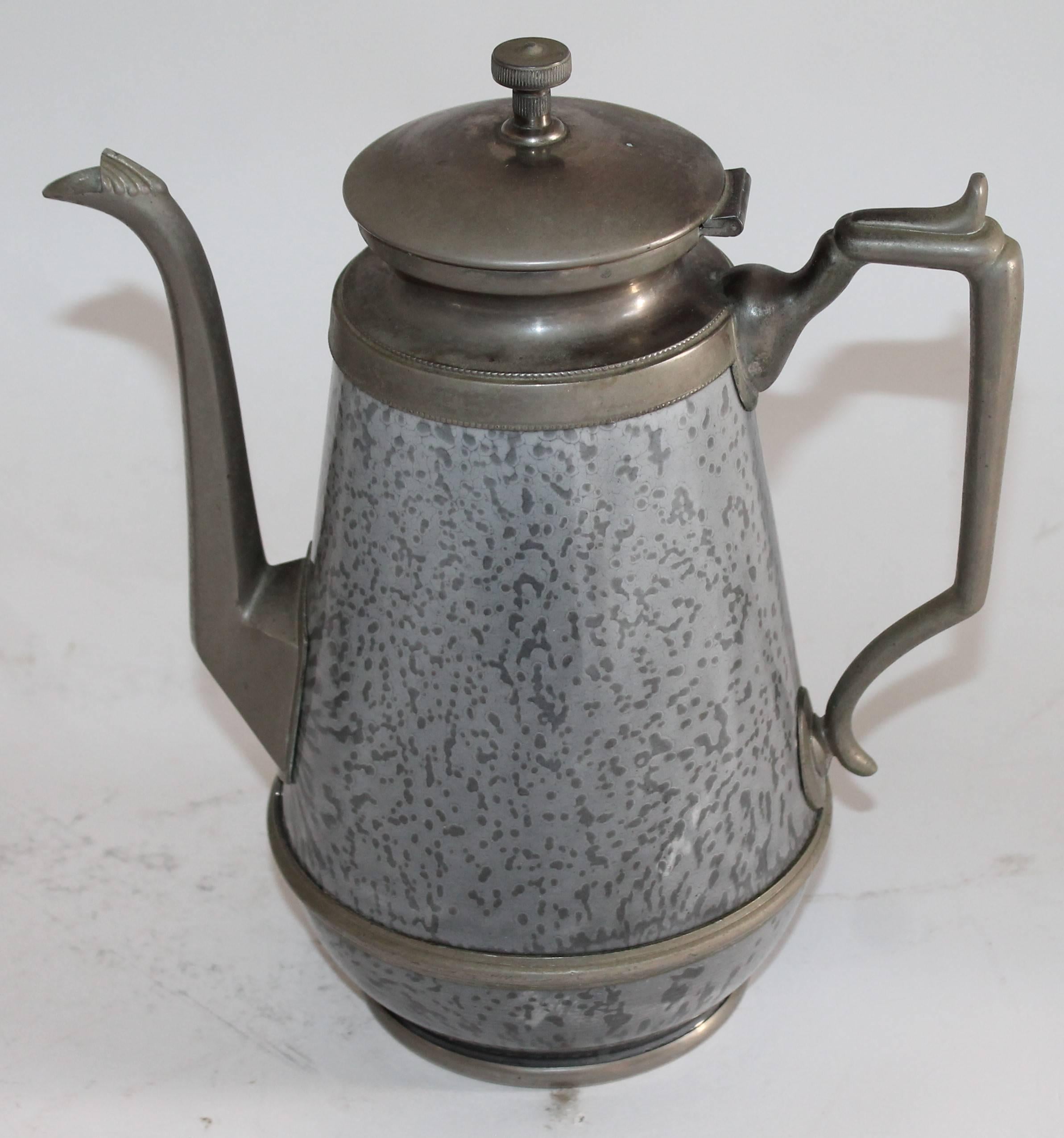 American Classical Collection of Rare 19th Century Granite and Pewter Goose Neck Coffee Pots For Sale