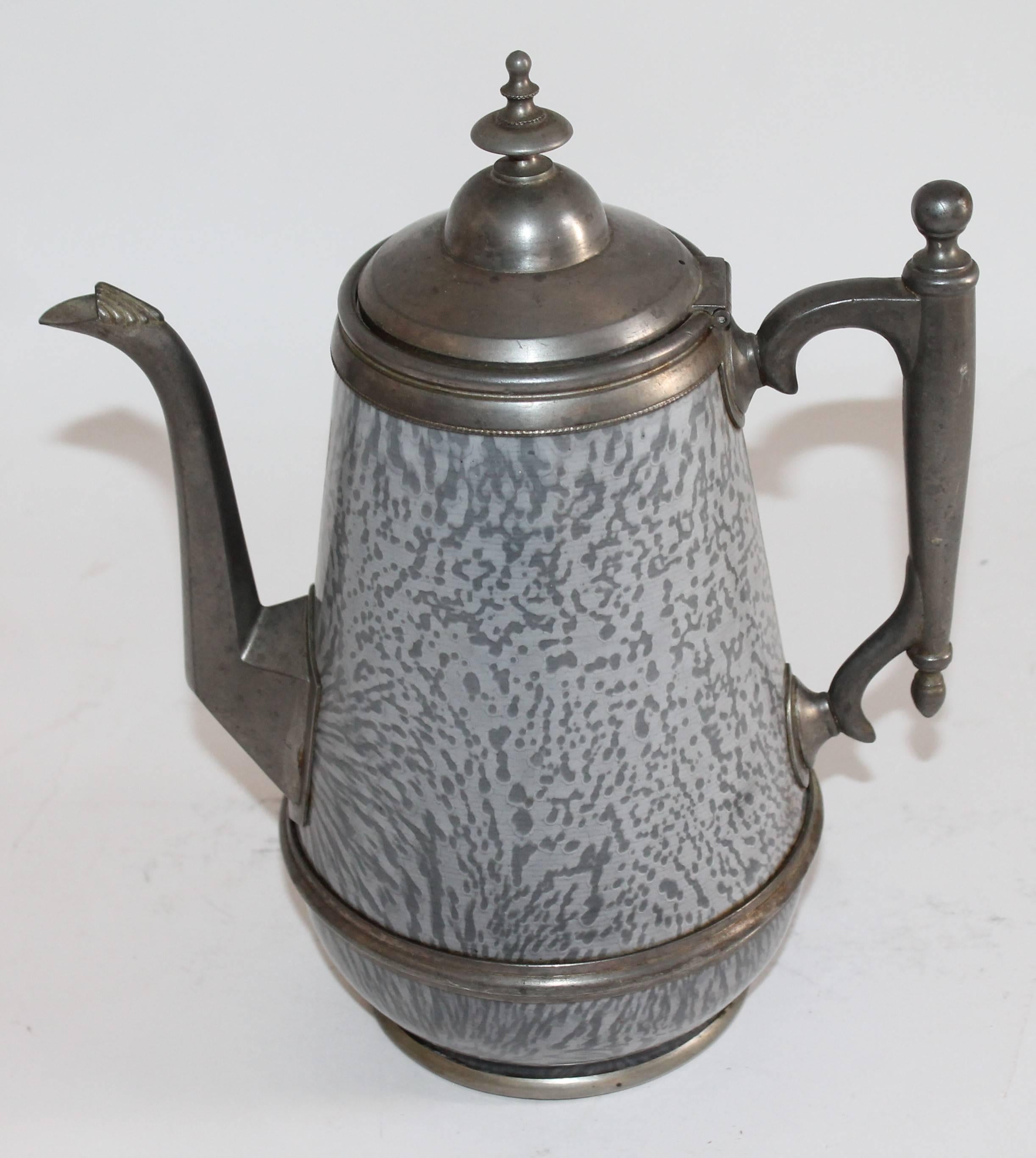 American Collection of Rare 19th Century Granite and Pewter Goose Neck Coffee Pots For Sale