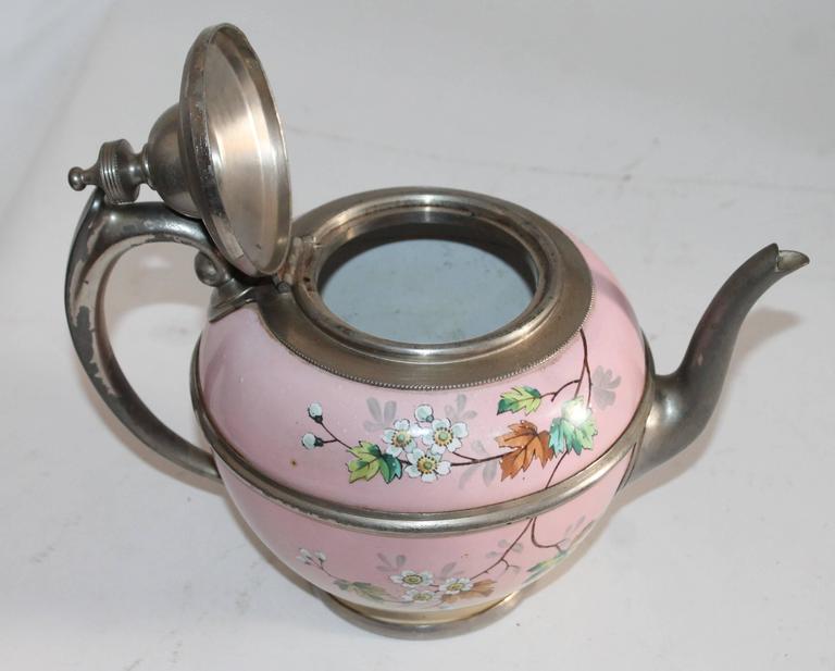Rare 19th Century Painted Enamel and Pewter Tea Pot For Sale at 1stDibs