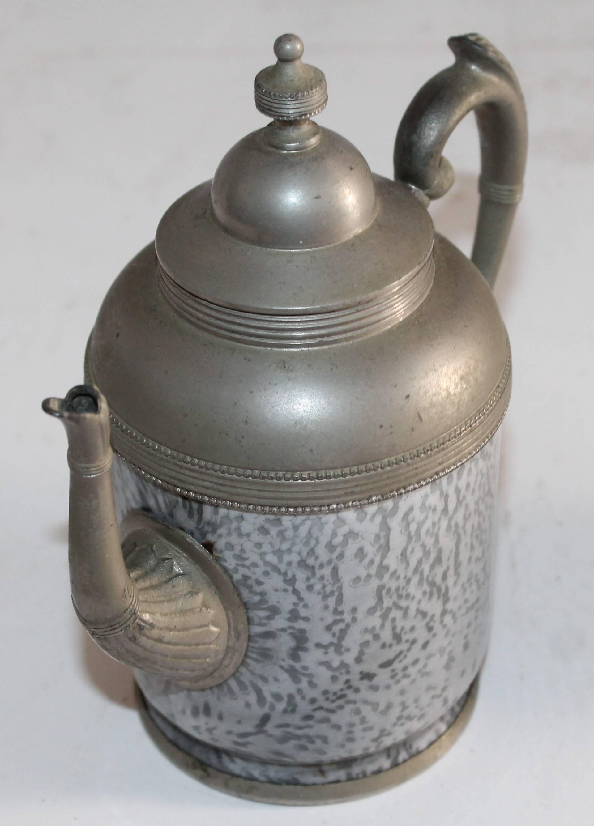 Adirondack Rare 19th Century Granite and Pewter One Cup Tea Pot and Mug