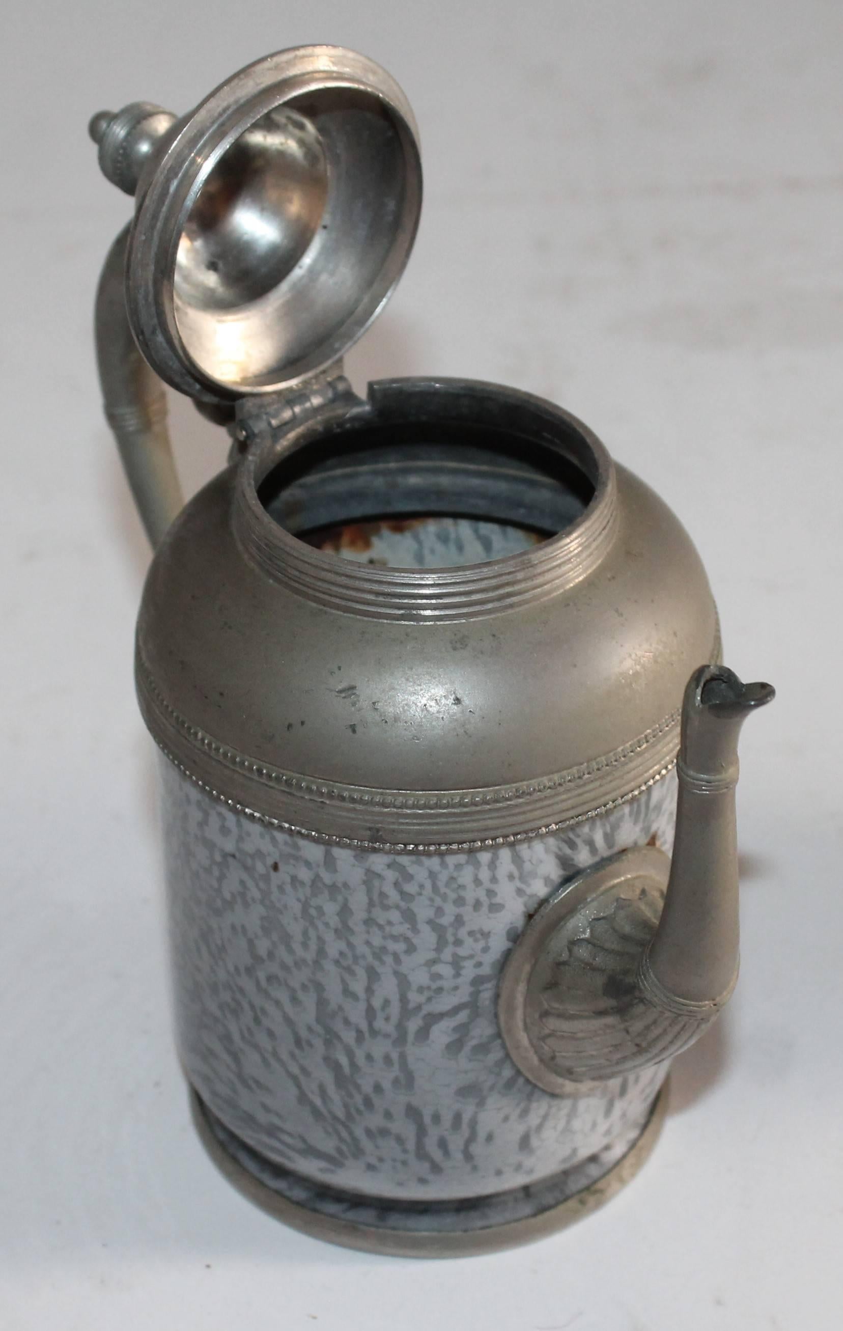 American Rare 19th Century Granite and Pewter One Cup Tea Pot and Mug
