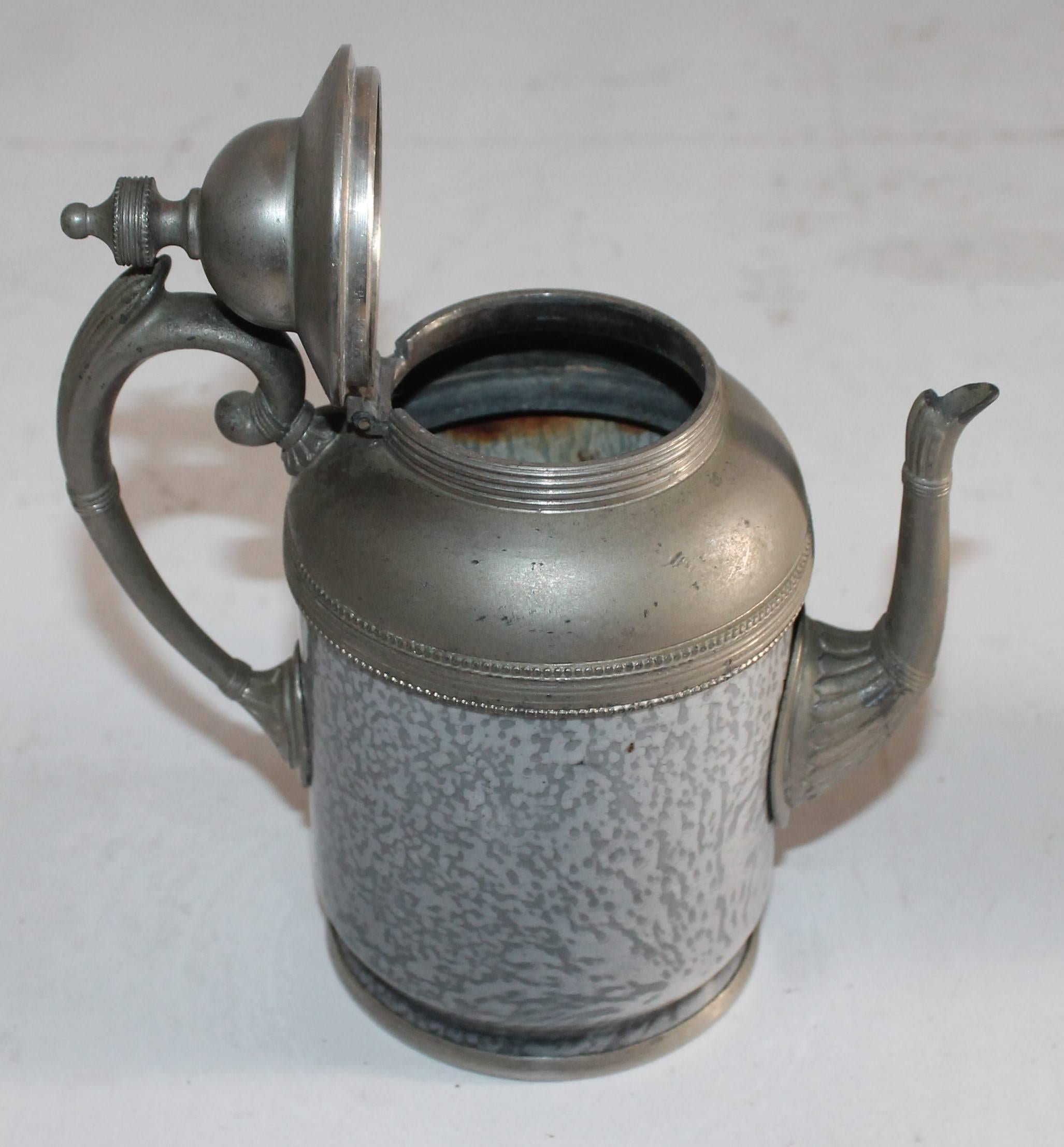 Enameled Rare 19th Century Granite and Pewter One Cup Tea Pot and Mug