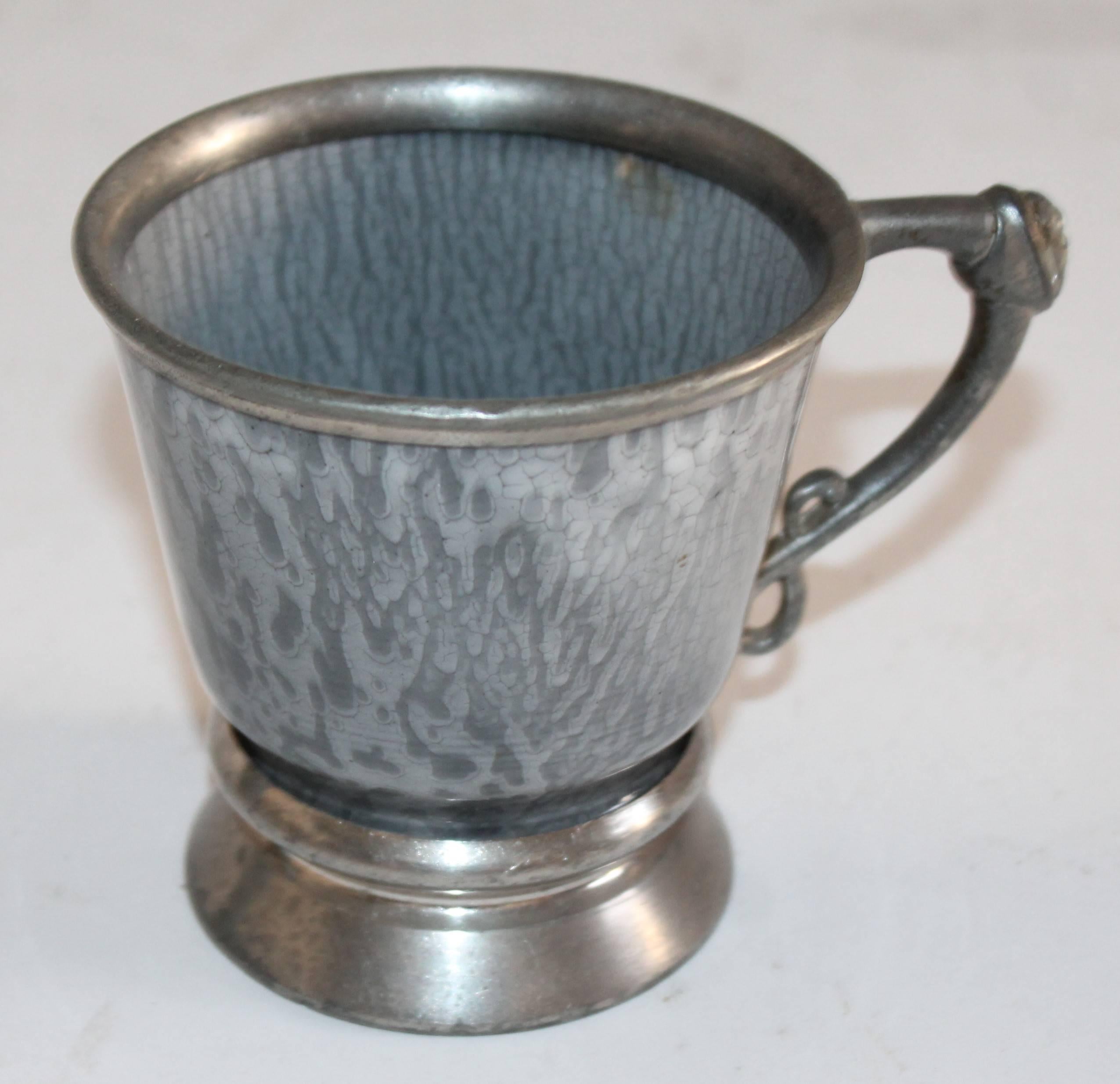Rare 19th Century Granite and Pewter One Cup Tea Pot and Mug In Excellent Condition In Los Angeles, CA