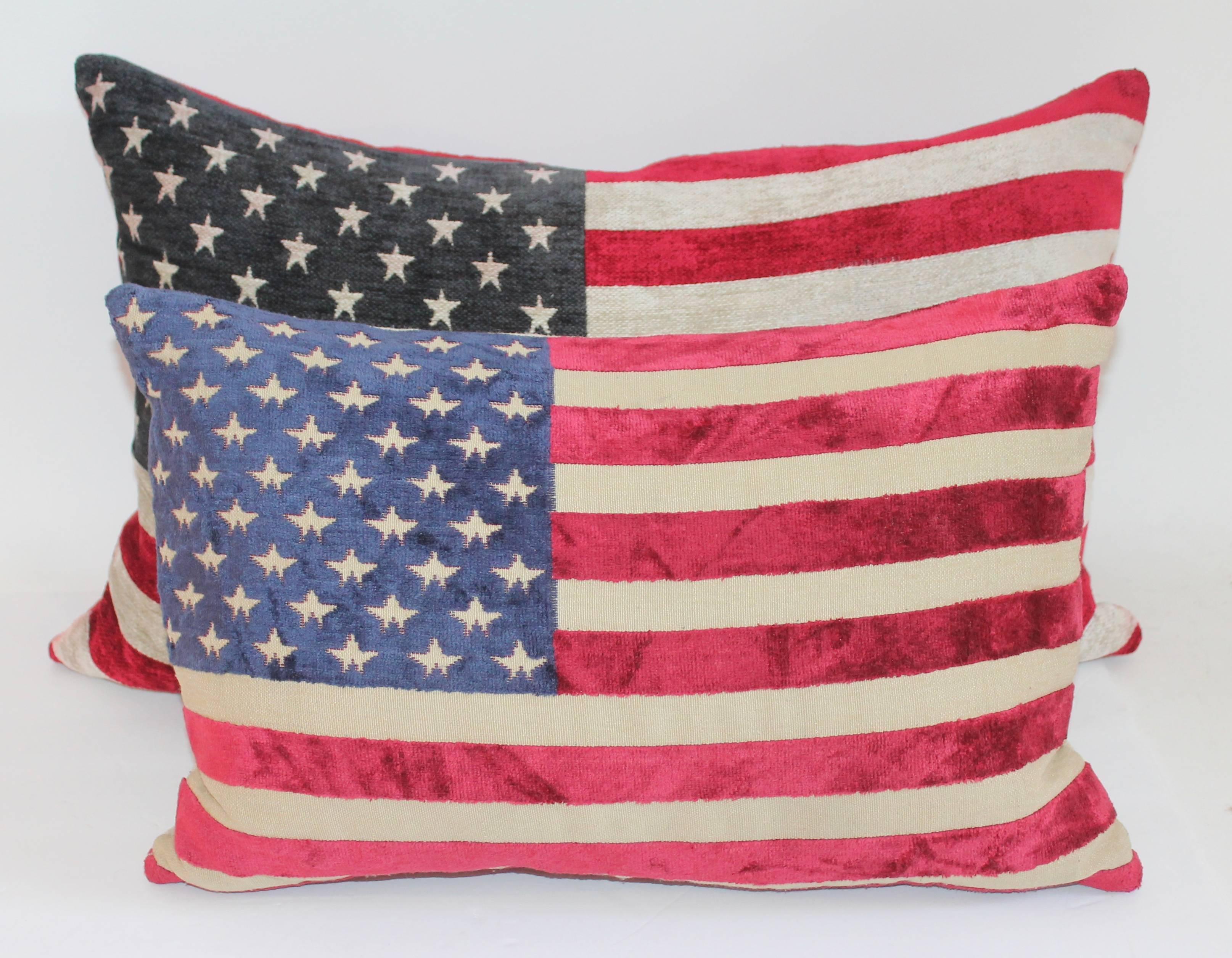 These soft fabric 50 star vintage flags made the coolest pillows. Sold as a pair, yet two different colors. The backings are in red and tan cotton linen. These are like Mid-Century flags. Great decorative velvet like pillows.