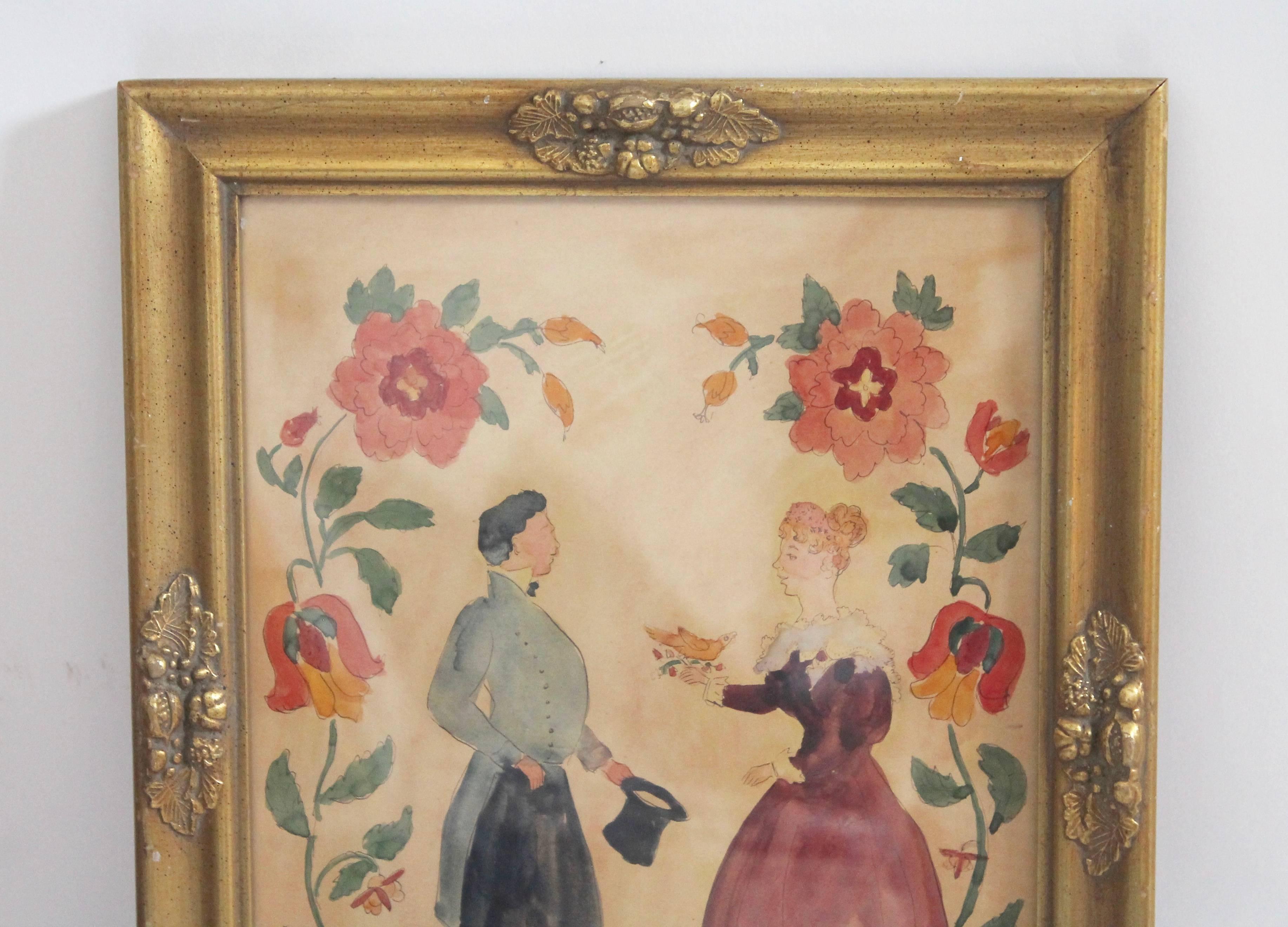 This folky detailed water color was found in Pennsylvania and is in great condition. This froctor is in a old gilded frame as found. It is unsigned and dated 1878 on the reverse. This very folky water color is on paper and has slight overall
