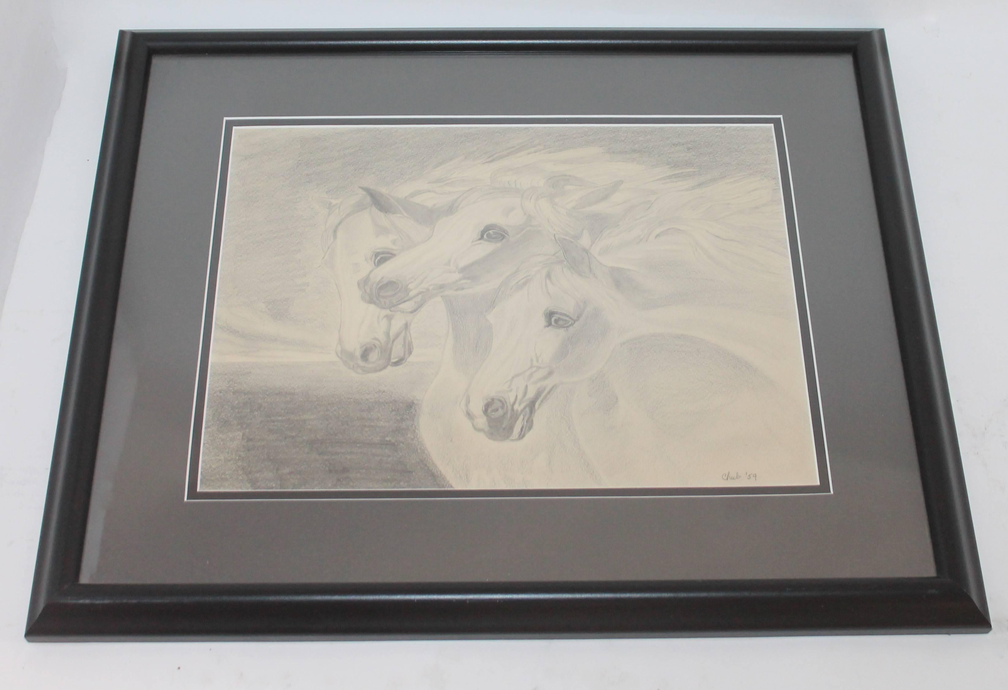 Amazing drawing of three horses galloping. This painting is signed "Chub 59' ". This drawing has a custom-made black painted frame.