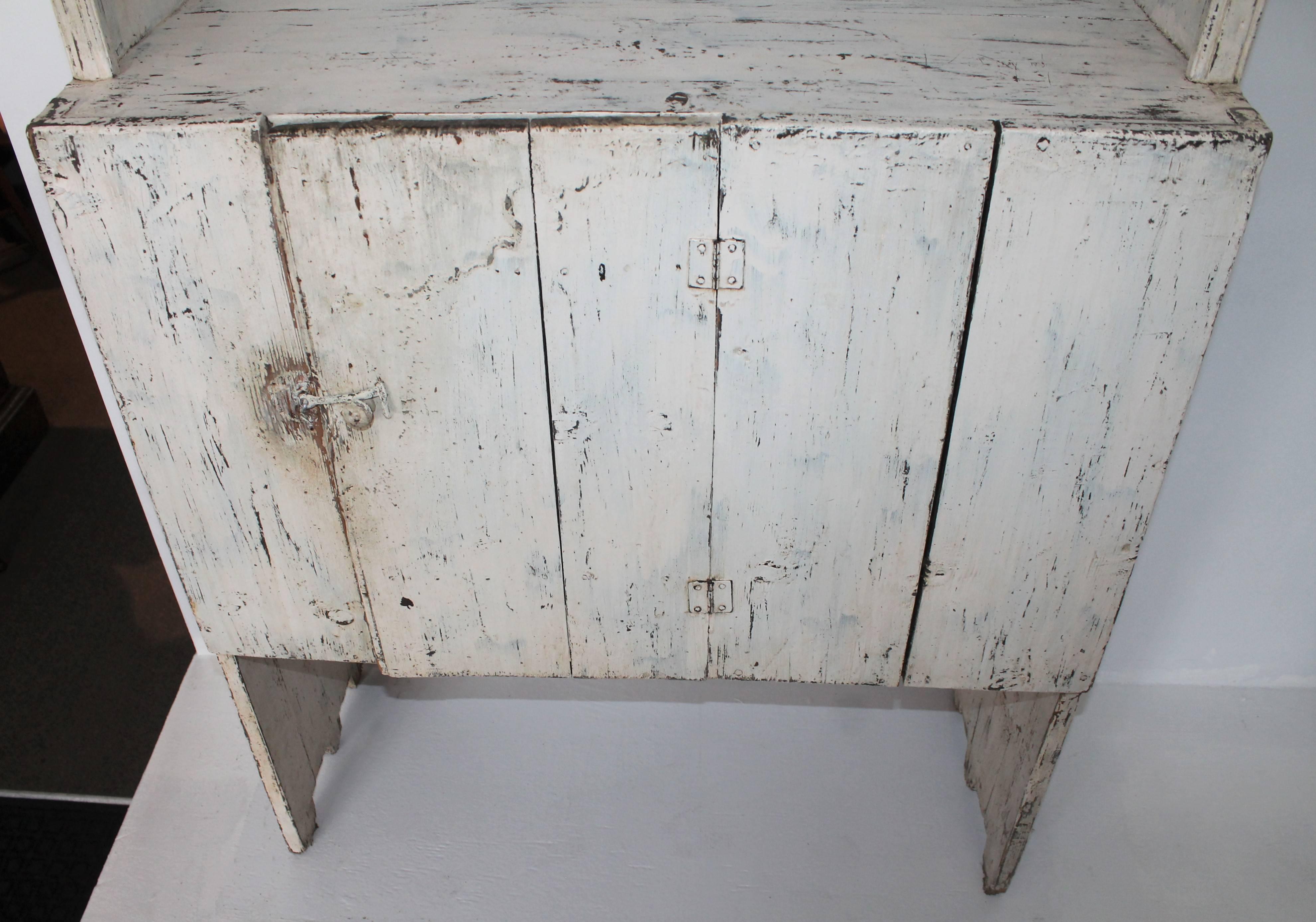 American Early 19th Century Original White Painted Step Back Cupboard