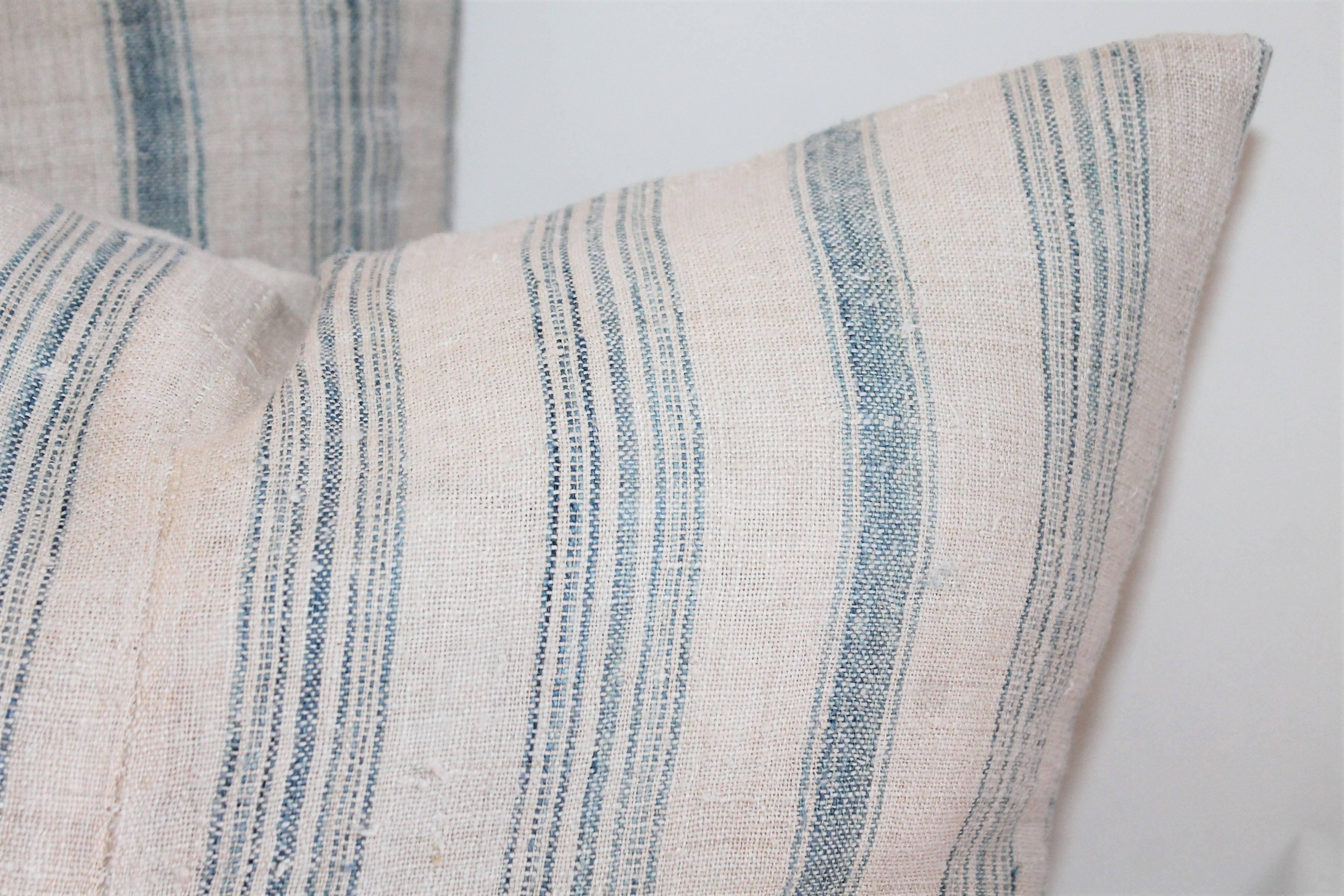 Hand-Woven Two Pairs of Striped 19th Century Linen Ticking Pillows