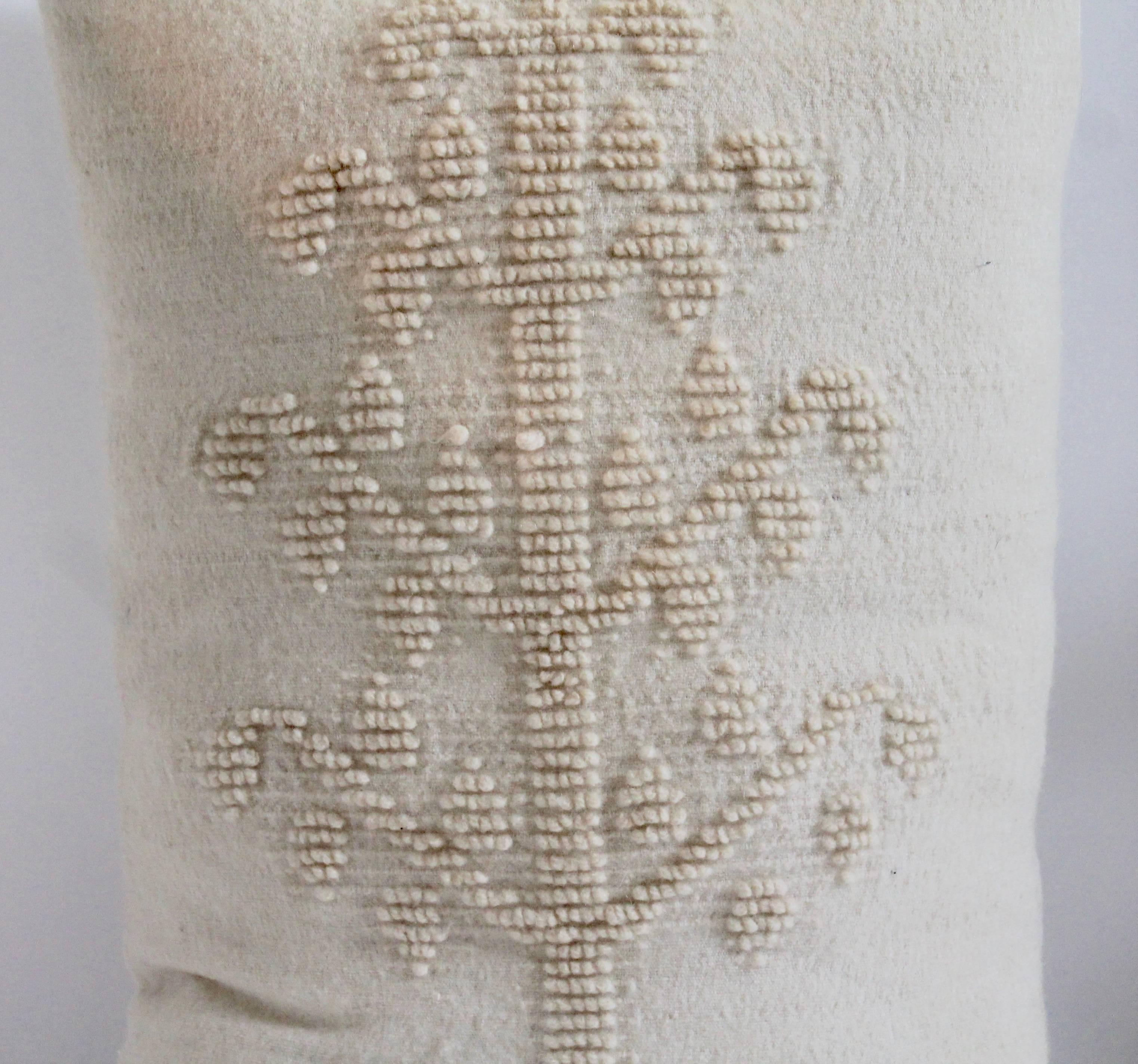 This amazing and soft lambs wool handwoven tree of life bolster pillow is in great condition. The backing is done in a raw silk linen fabric. The insert is down and feather fill.