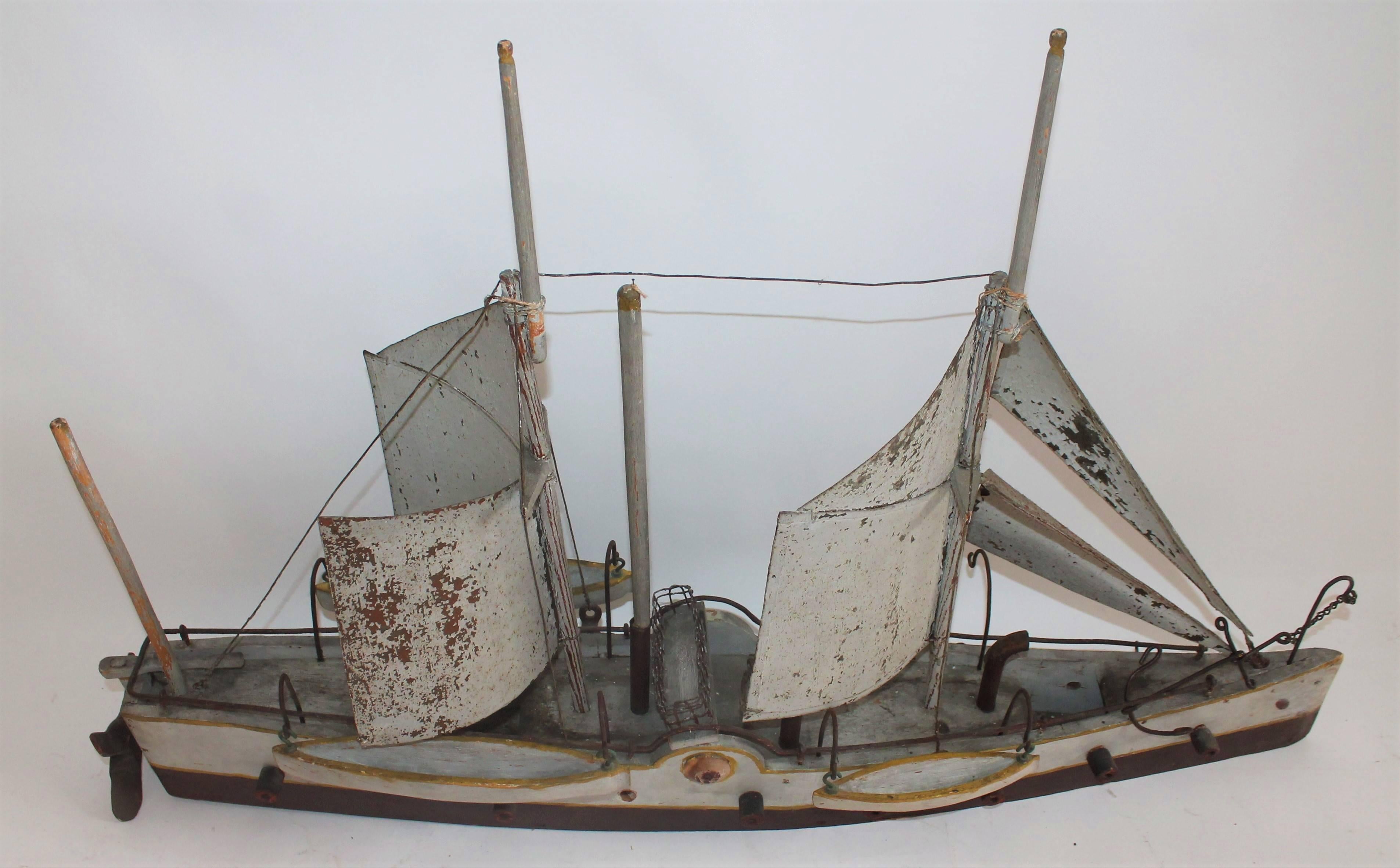Folk Art Early 20th Century Handmade Battleship Model Boat