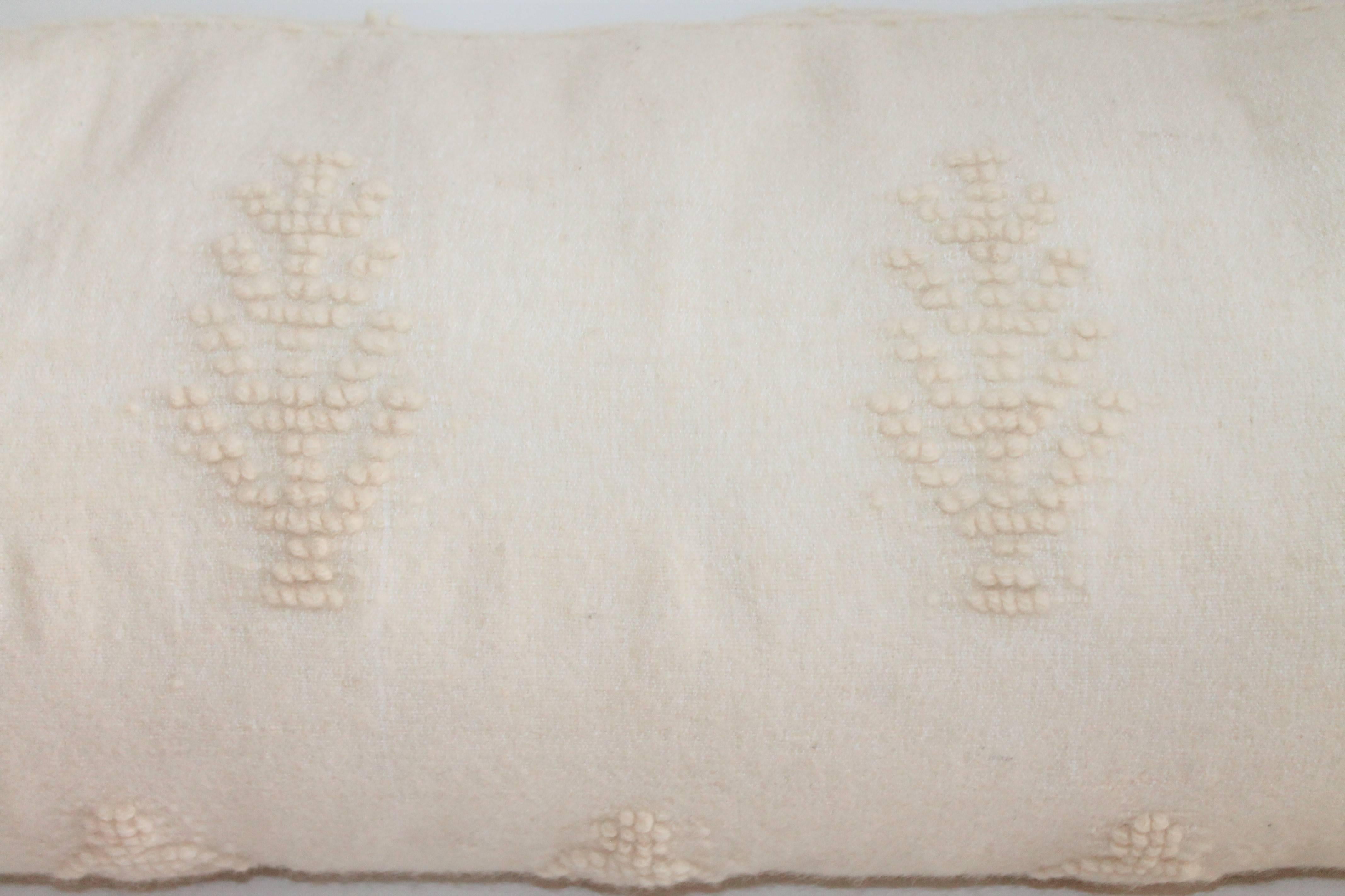 19th century Alpaca bolster wool pictorial pillow with little trees floating throughout. The backing is in a cream raw silk linen. Down and feather fill.
