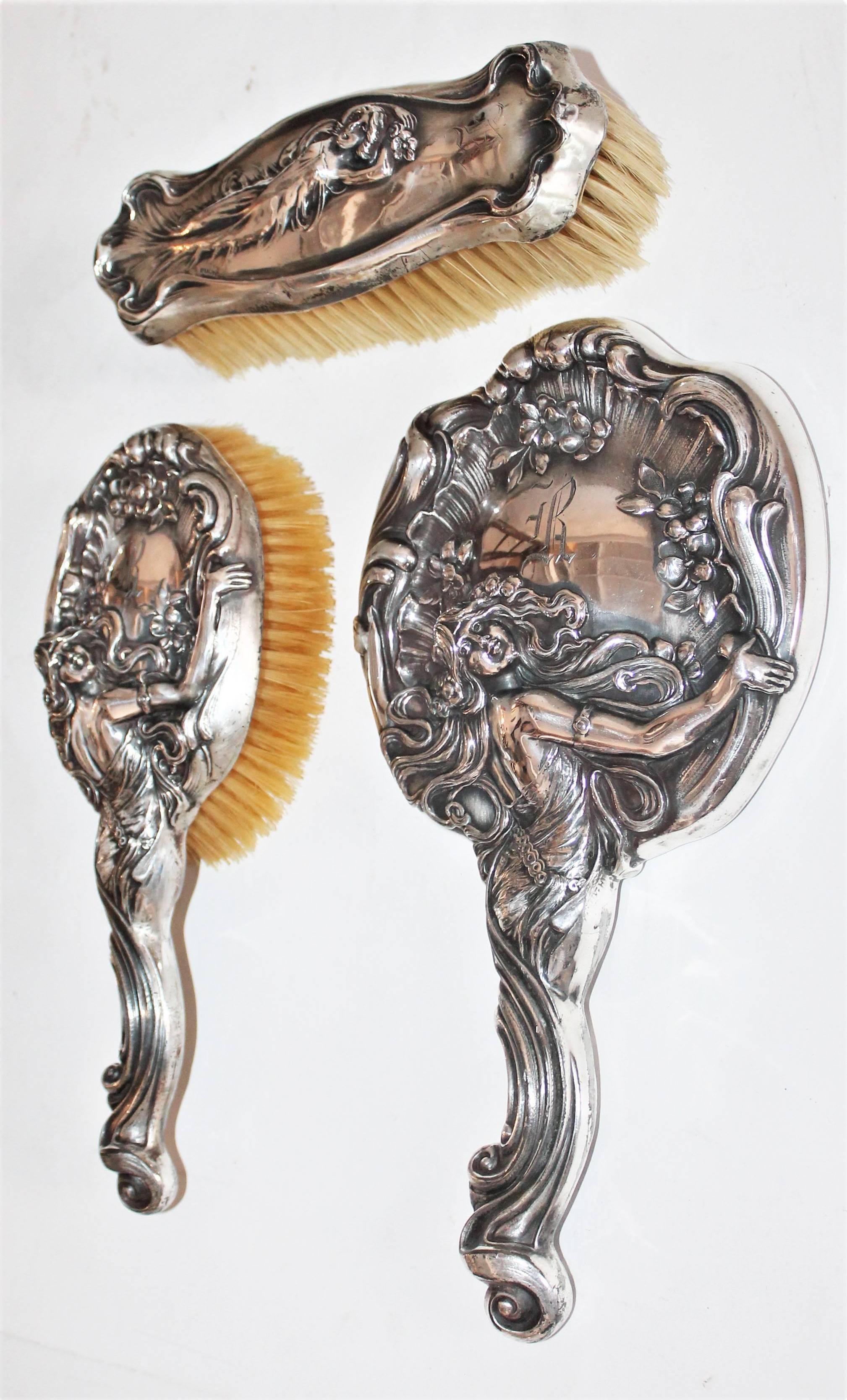 vintage silver brush comb mirror set
