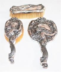 Art Nouveau Set of Sterling Silver Brushes, Comb and Mirror