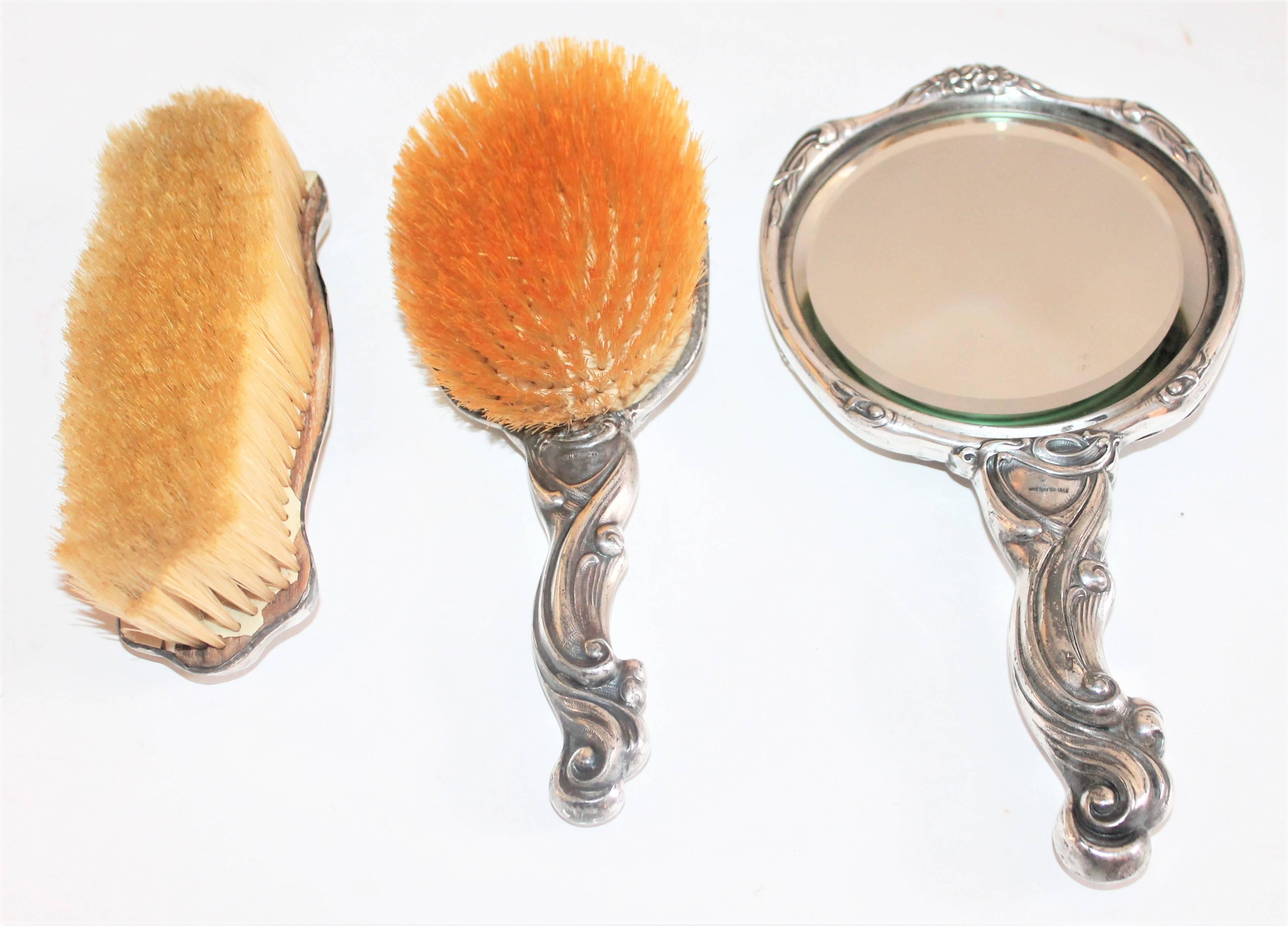 American Art Nouveau Set of Sterling Silver Brushes, Comb and Mirror