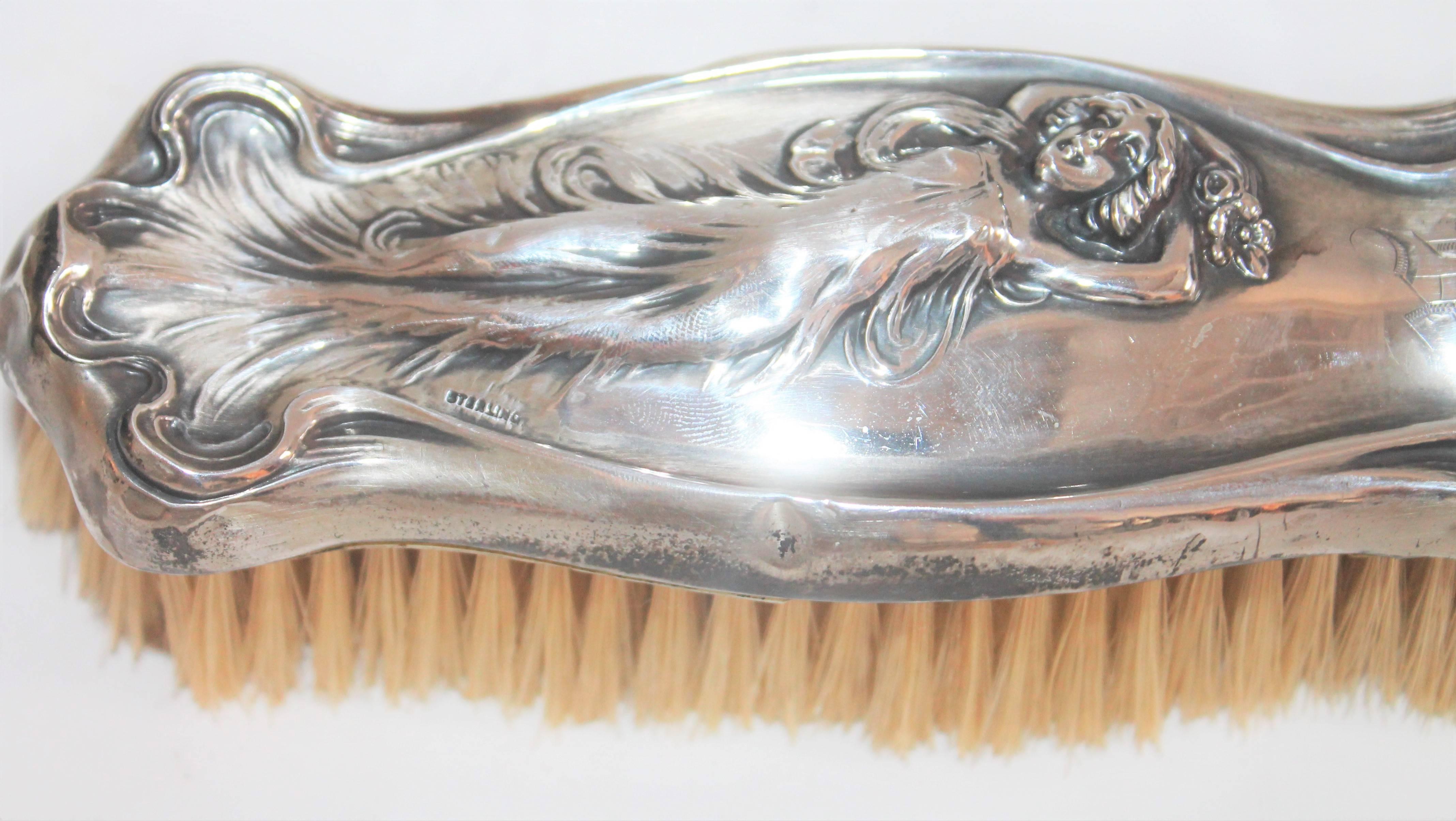 Art Nouveau Set of Sterling Silver Brushes, Comb and Mirror 1