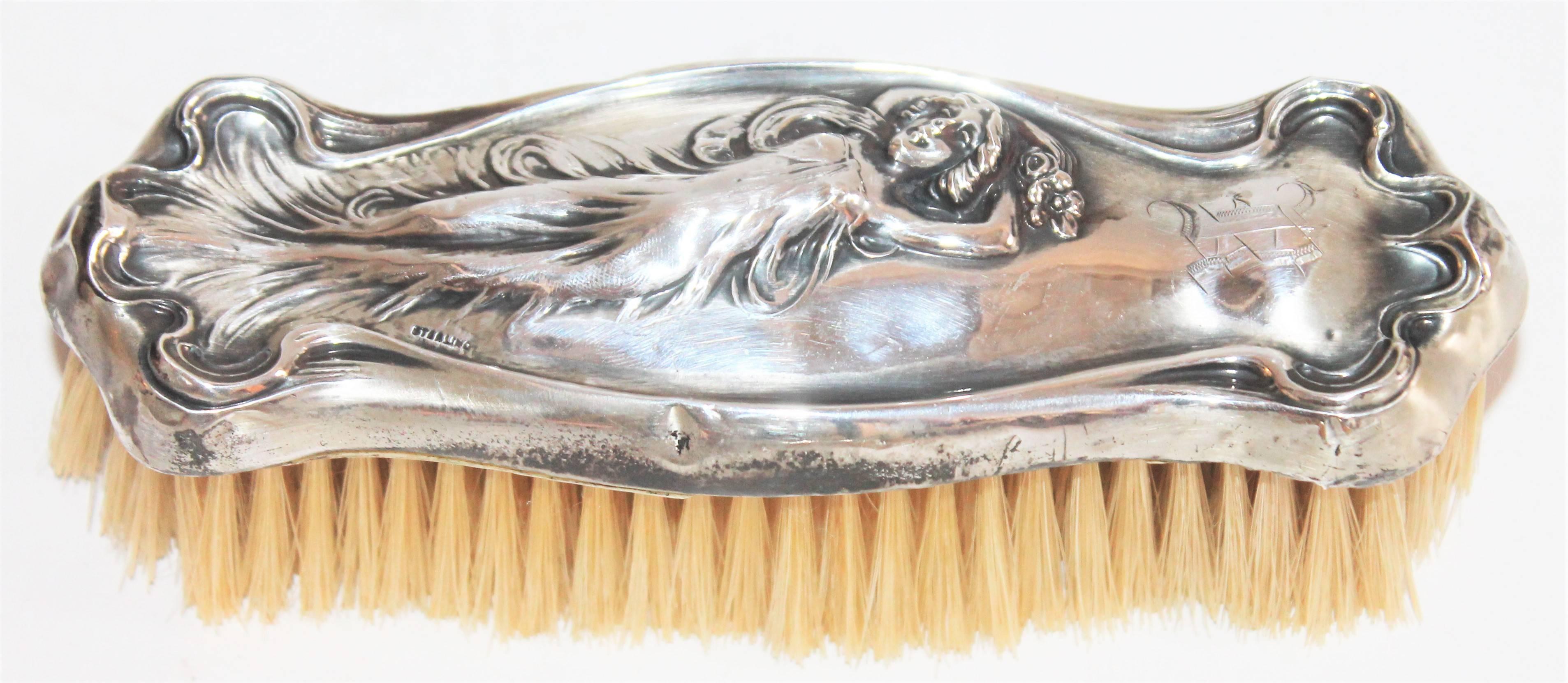 Art Nouveau Set of Sterling Silver Brushes, Comb and Mirror 2