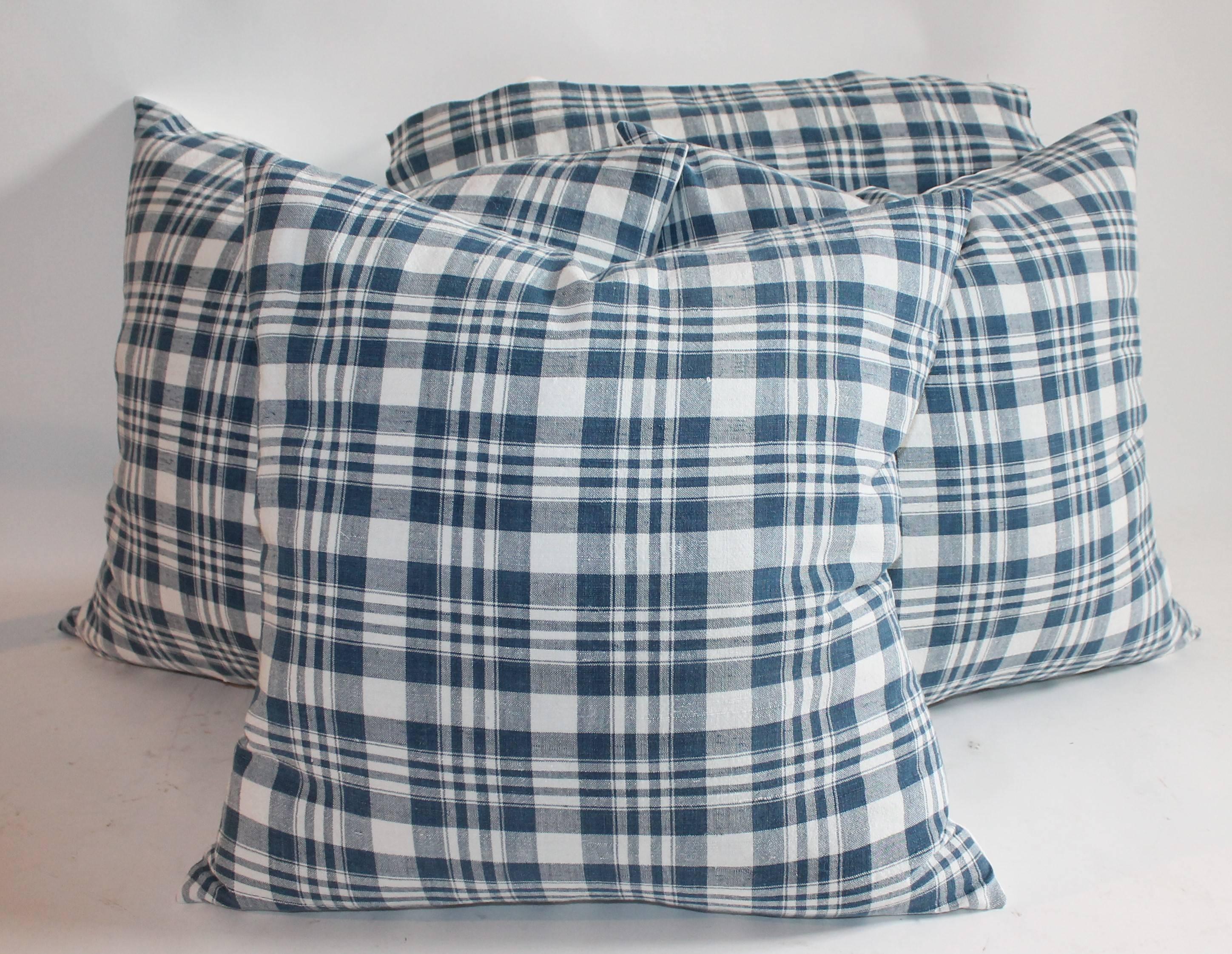 Country 19th Century Blue and White Homespun Linen Pillows For Sale