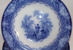 Large 19th Century Flo Blue Soup Bowls in Watteau Pattern or Doulton