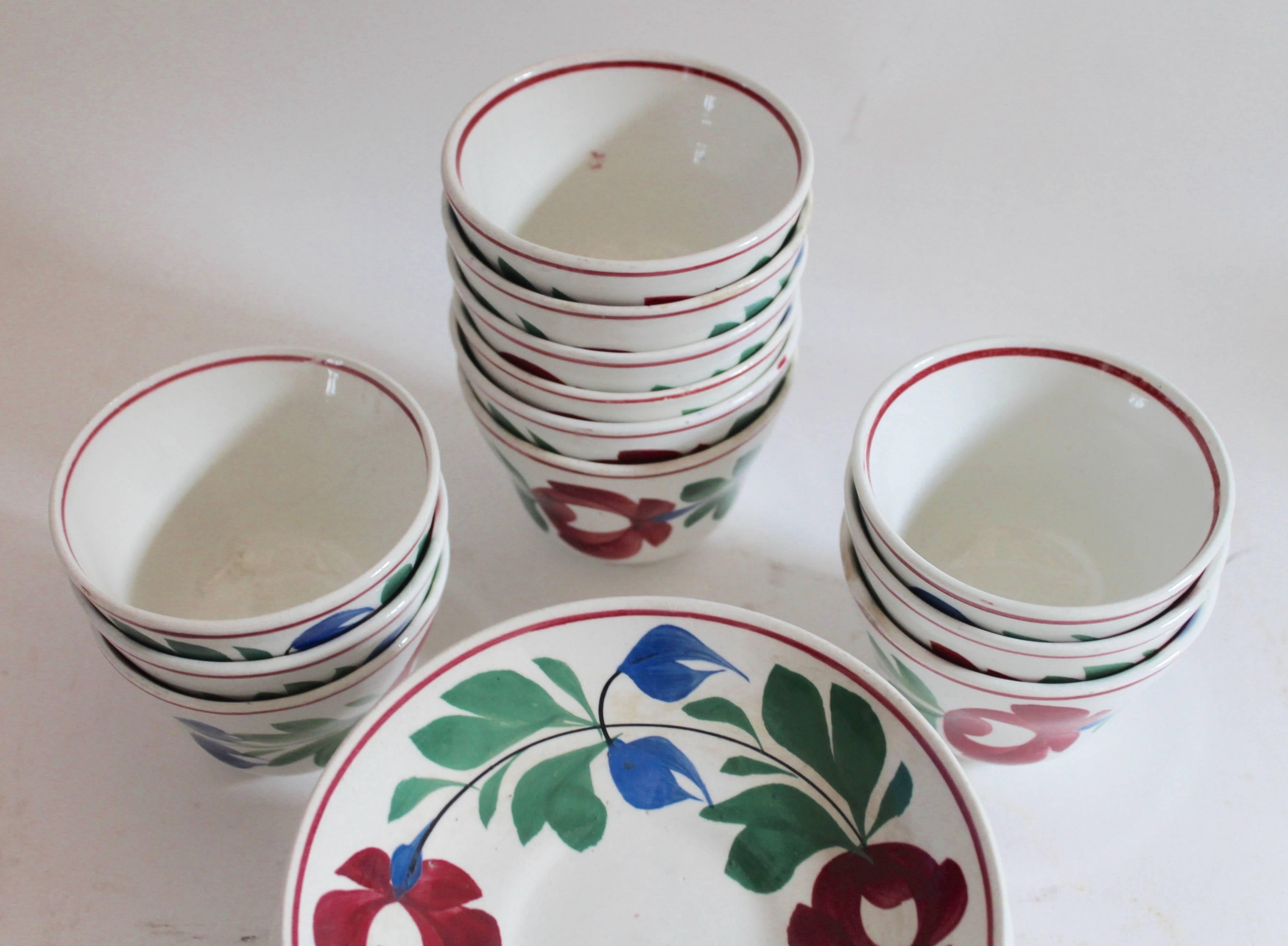 Hand-Painted Set of Twelve 19th Century Adams Rose Pattern Cups and Saucers For Sale
