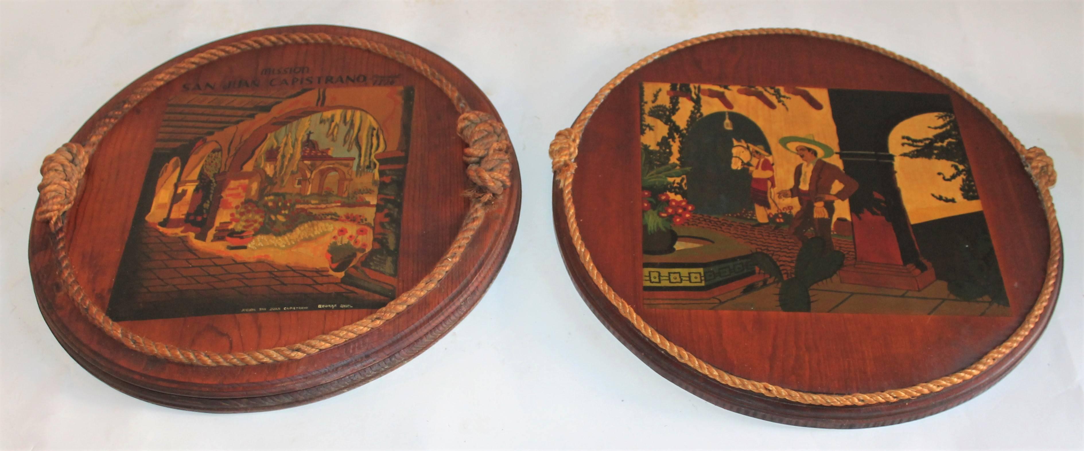Pair of fantastic original painted wood plaques with Mexican hacienda scenes and signed by the artist 