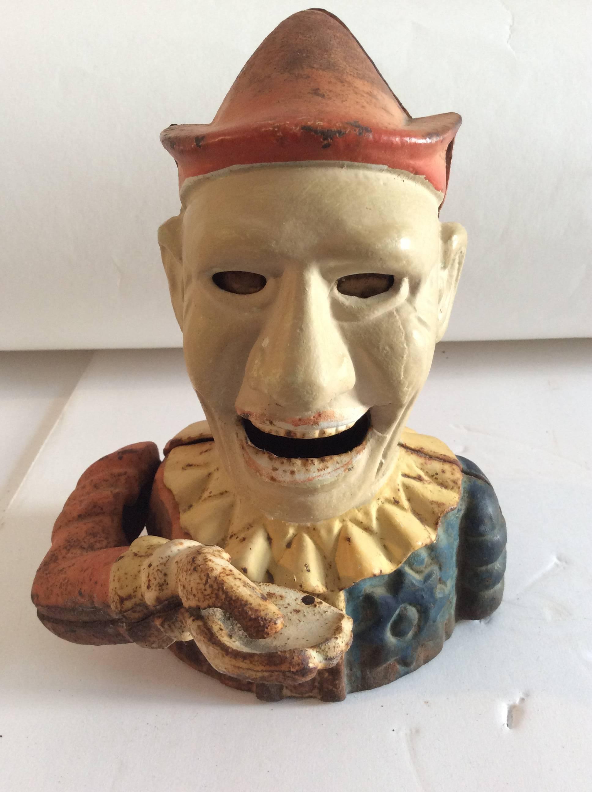Country 19th Century Original Painted Iron Clown Bank For Sale