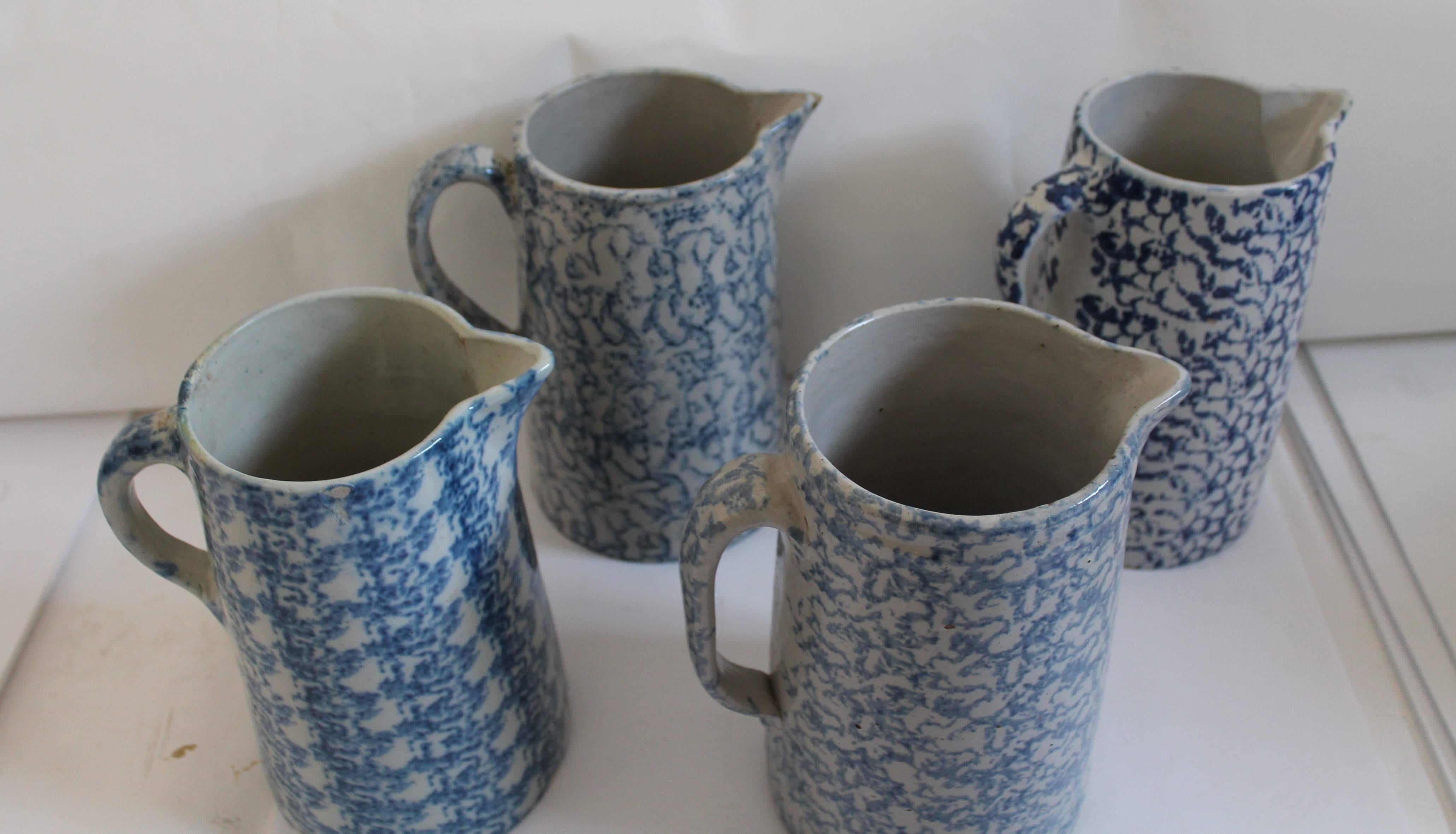 Country Collection of Four 19th Century Spongeware Pottery Pitchers