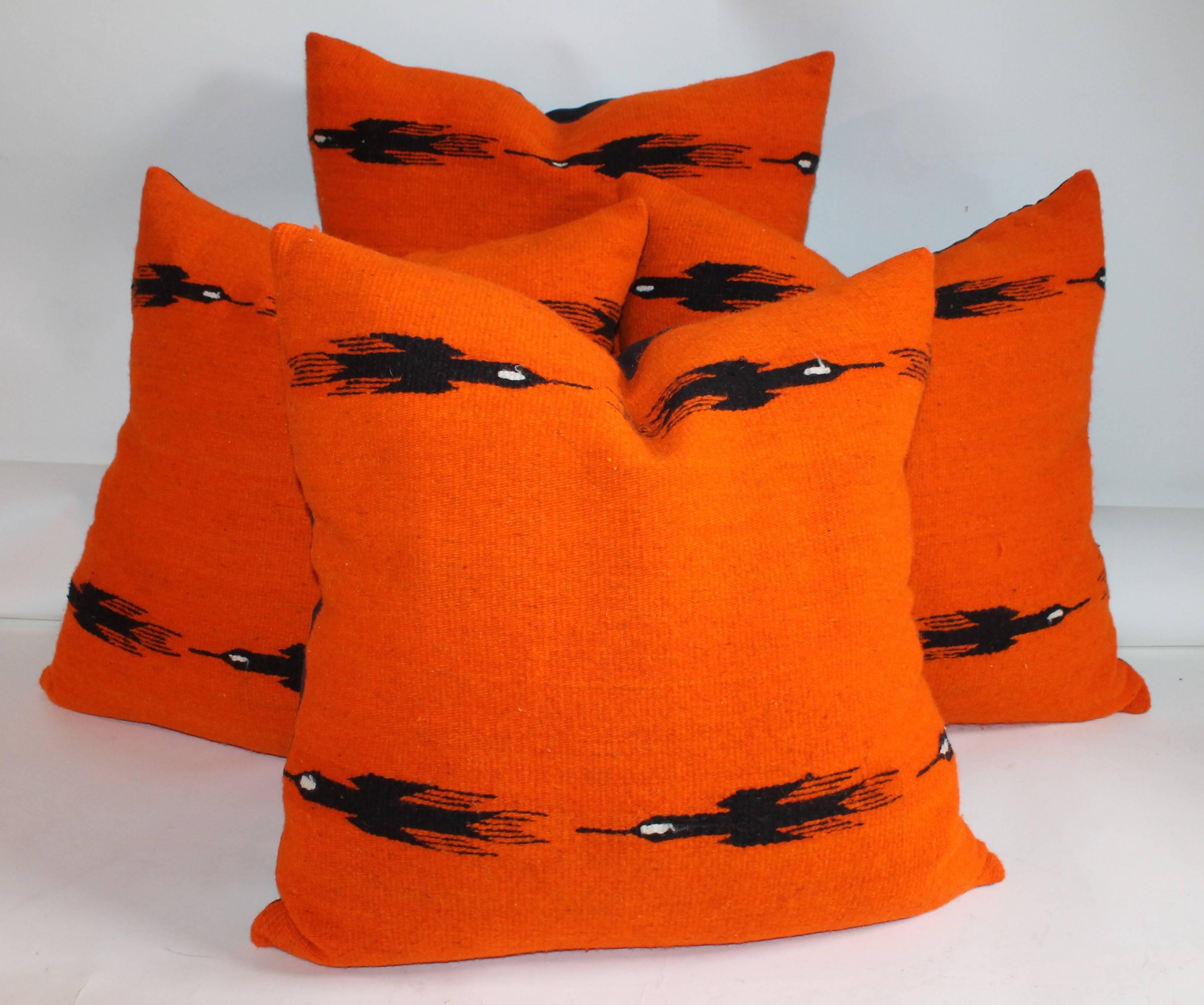 These black birds in flight with a orange back round color are in fine condition and are sold as a group of four pillows. The backing of course is in black cotton linen.