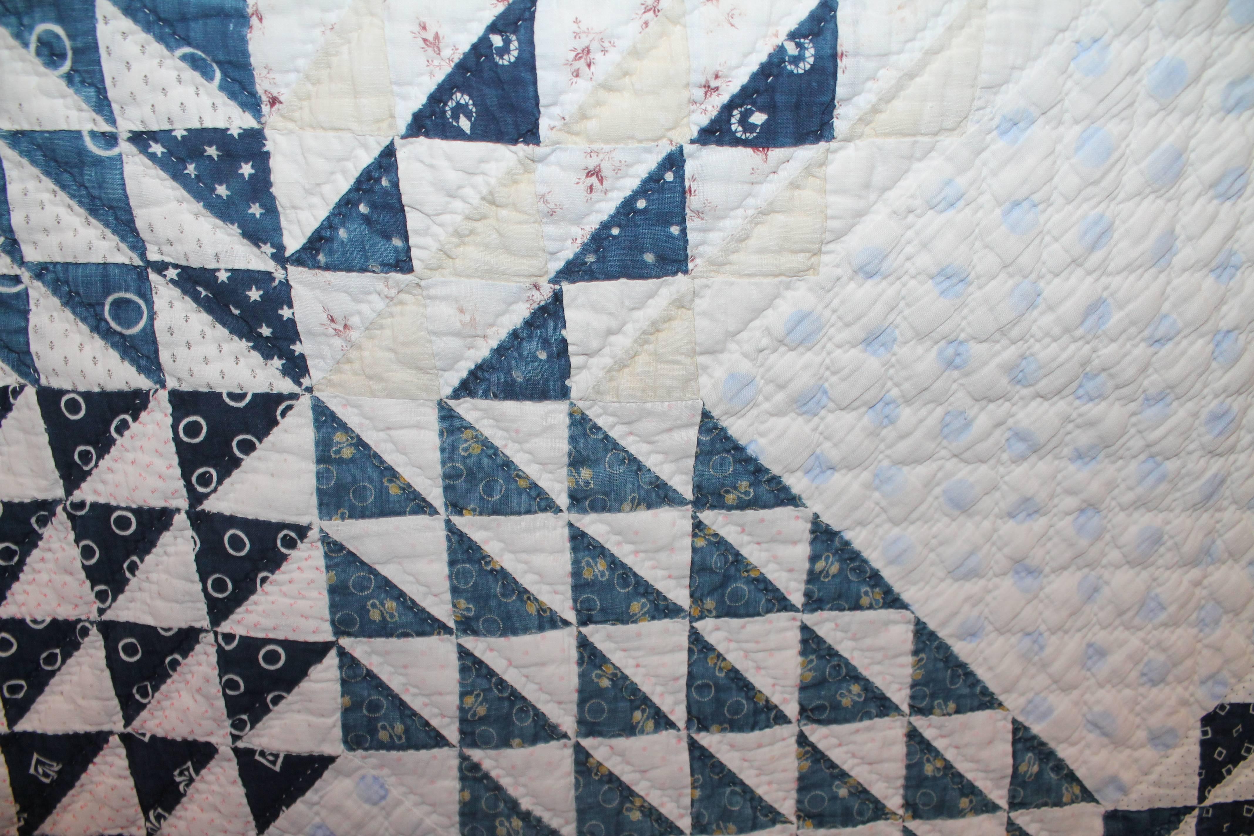 Hand-Crafted 19th Century Blue and White Ocean Waves Quilt