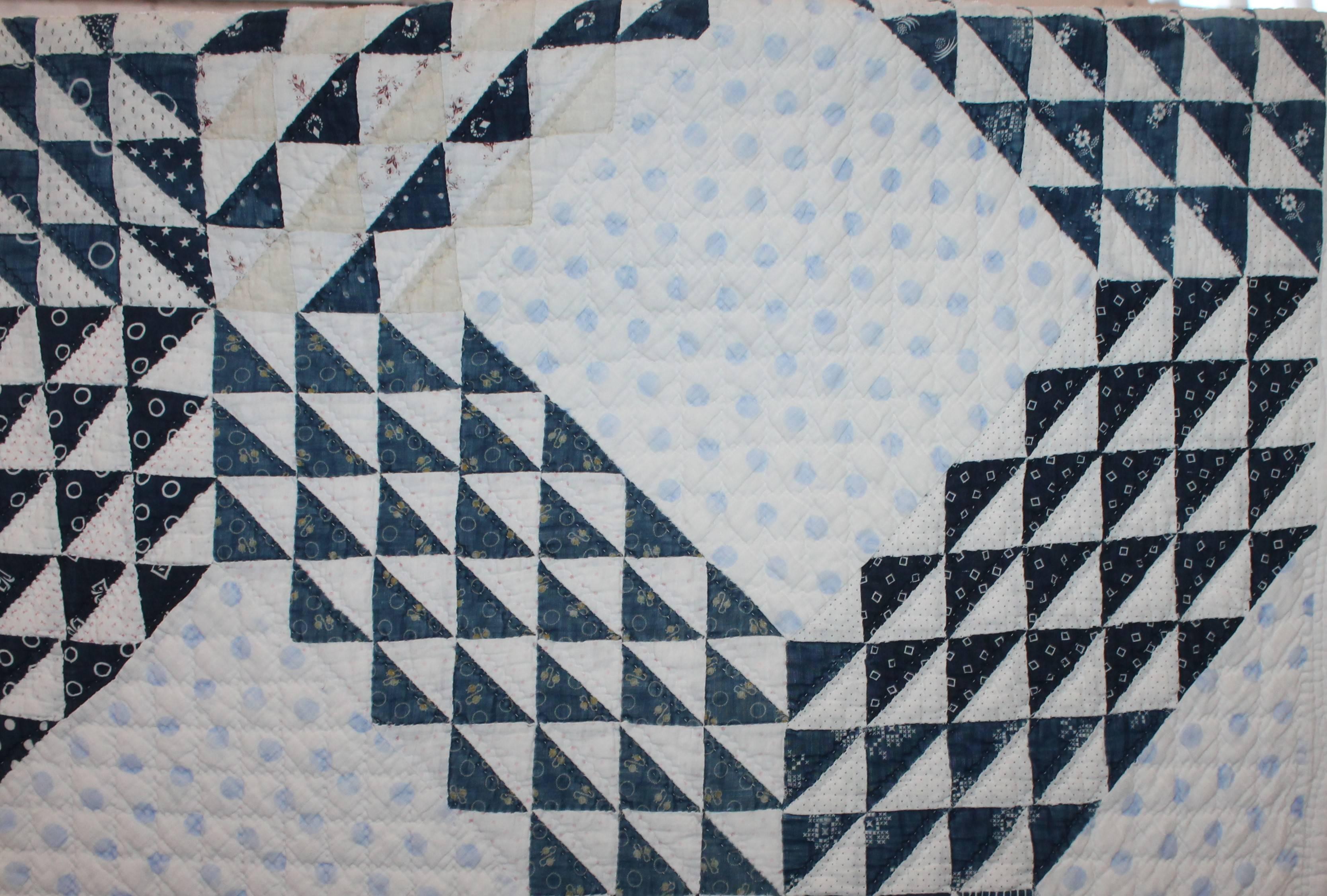 American 19th Century Blue and White Ocean Waves Quilt
