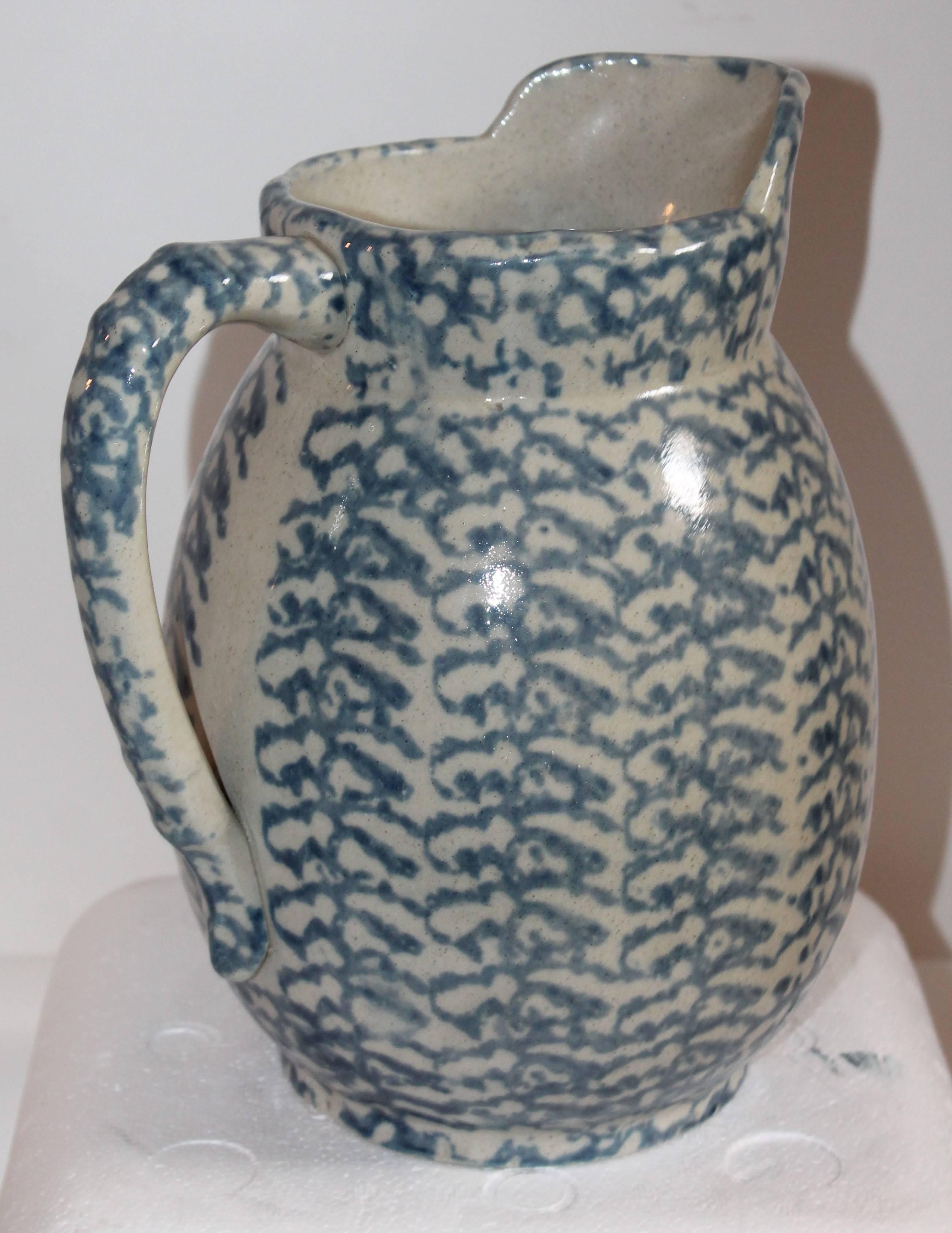 Country 19th Century Sponge Ware Lg. Pottery Pitcher