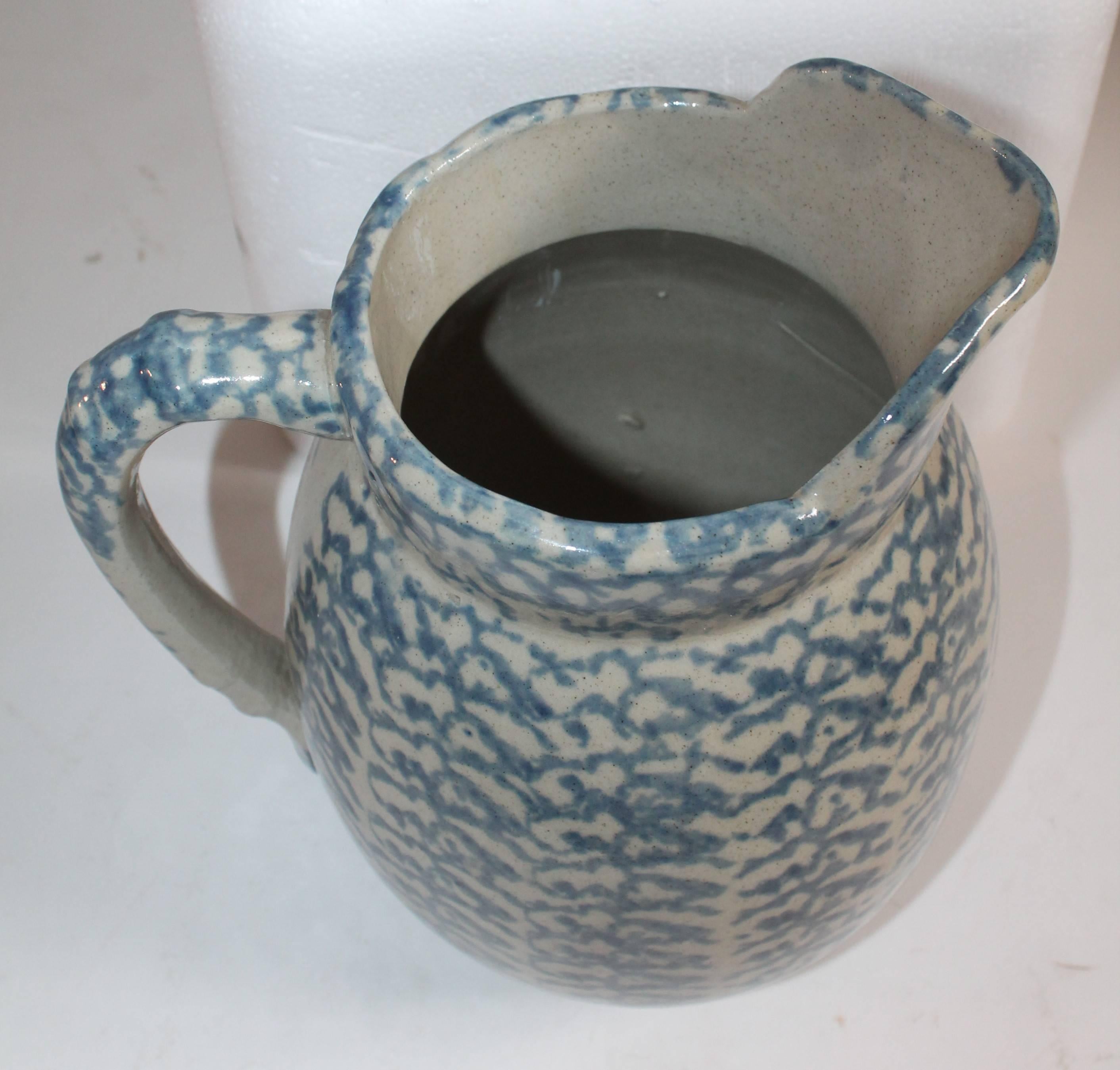 Hand-Crafted 19th Century Sponge Ware Lg. Pottery Pitcher