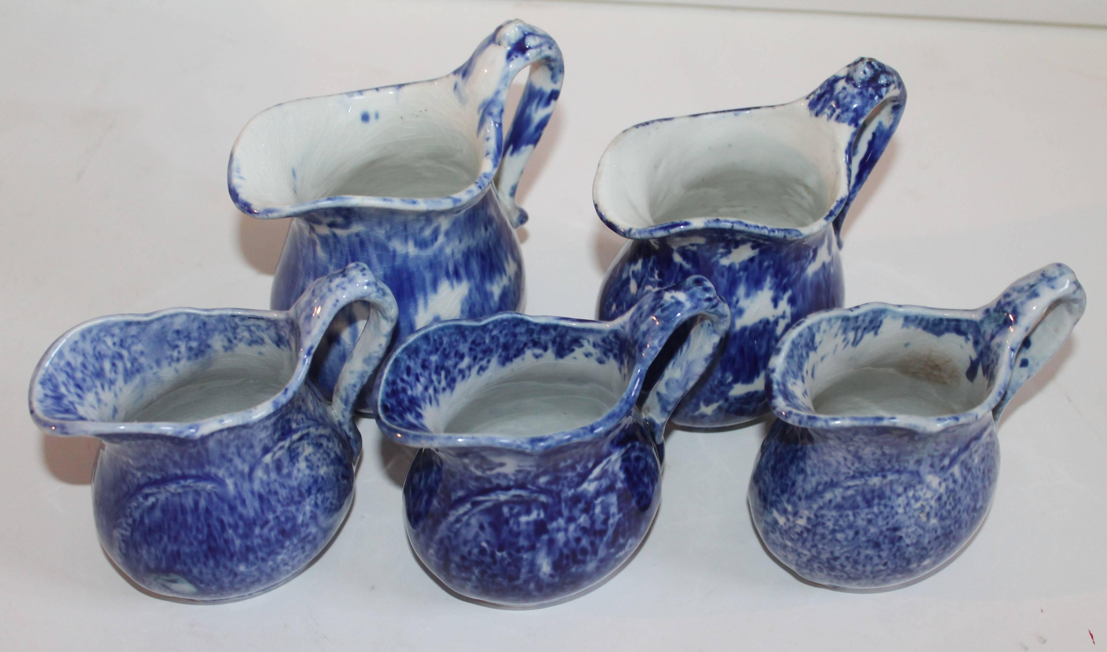 Hand-Crafted Collection of Five 19th Century Sponge Ware Mini Cream Pitchers