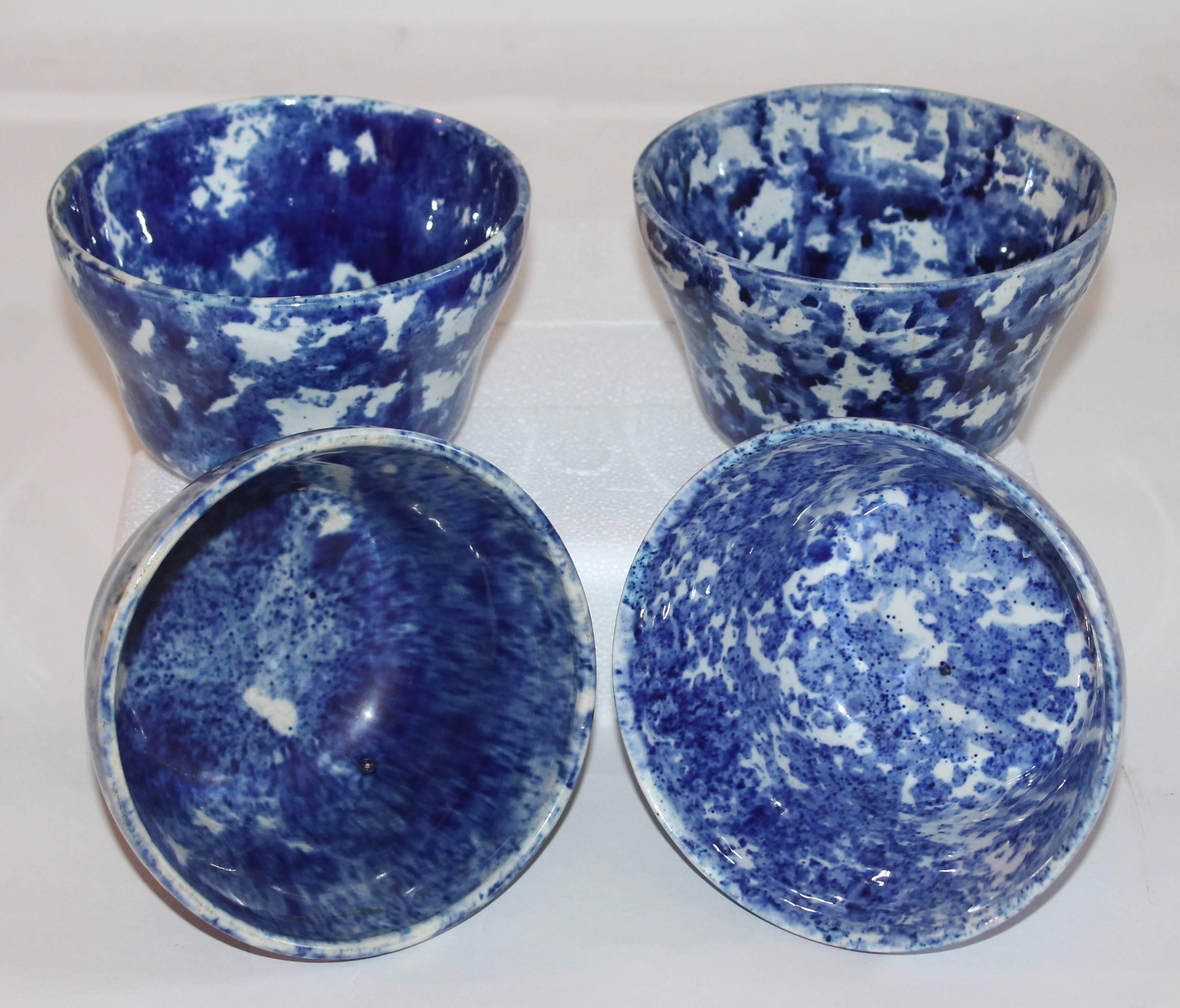 American Sponge Ware 19th Century Pottery Large Bowls Collection of Four