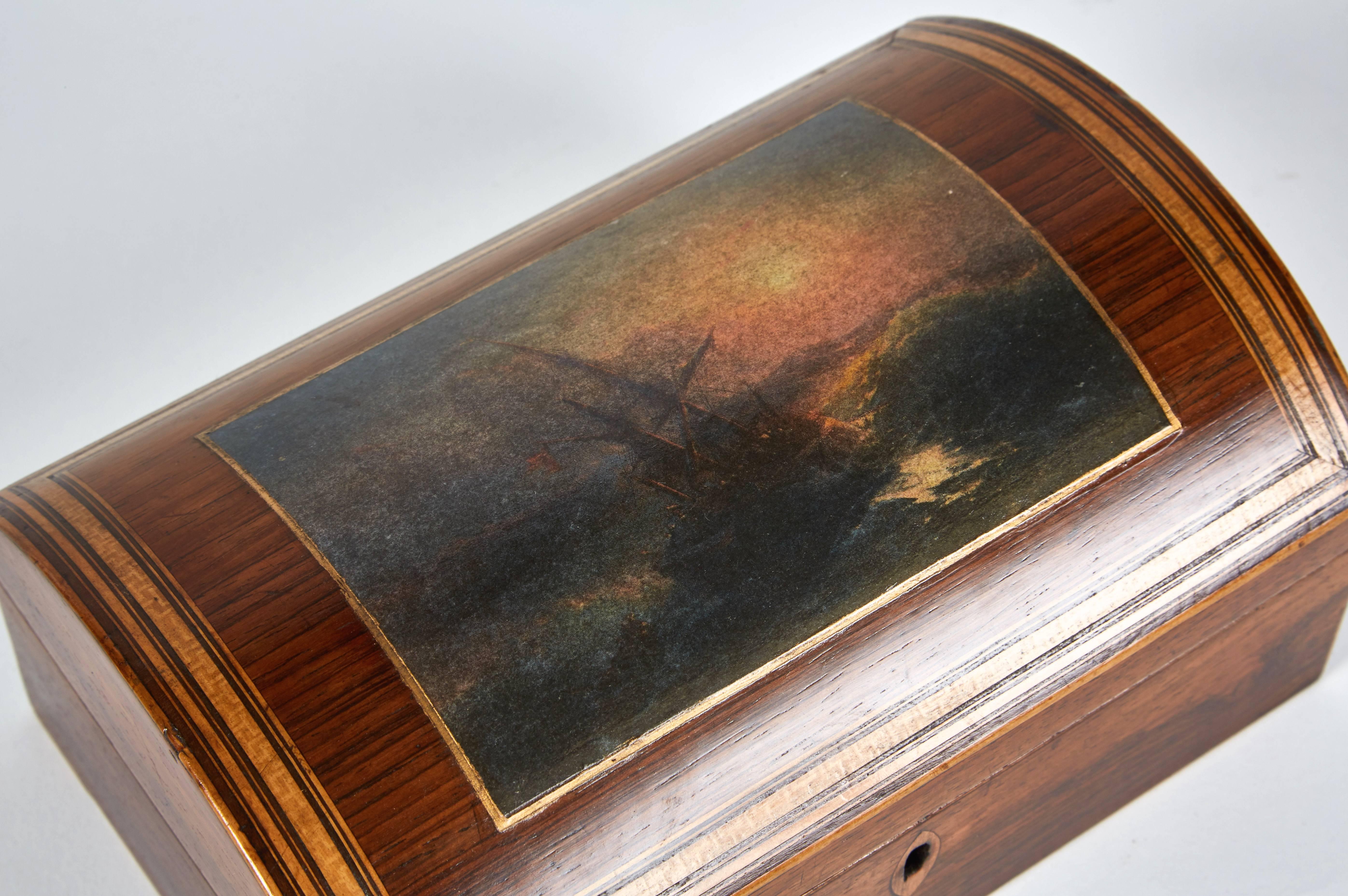 Wooden dome box with seascape scene from 1880s England. 