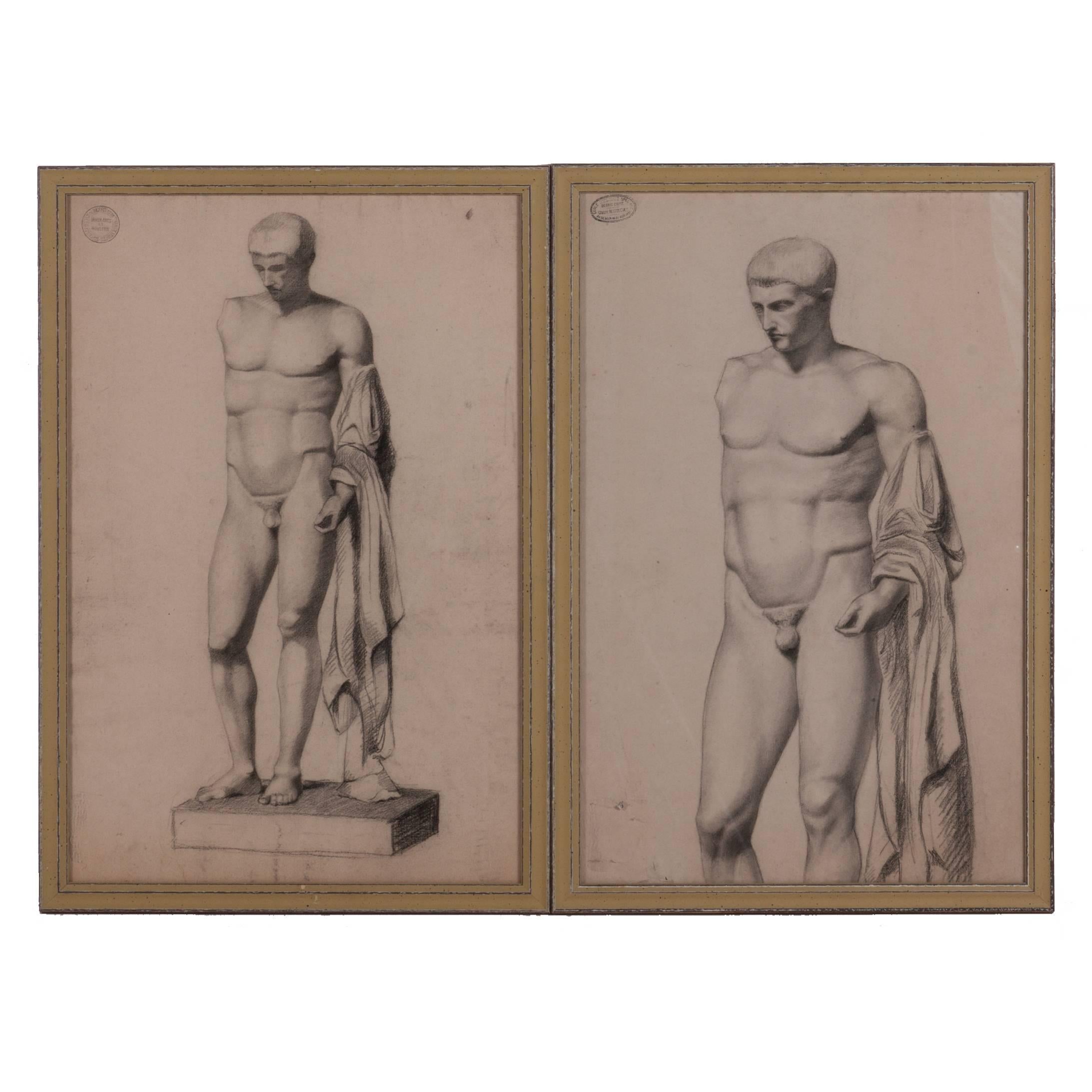 A Pair of Charcoal Drawings of a Sculpture of a Male Nude 