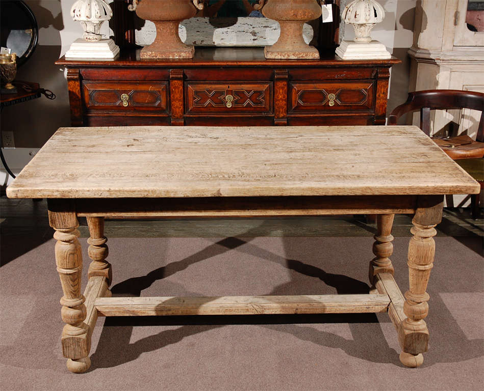 Late 19th century oak desk or writing table on ring-turned legs joined with a stretcher and raised on ball feet. Can also be used as side board, dining table, or side table. 