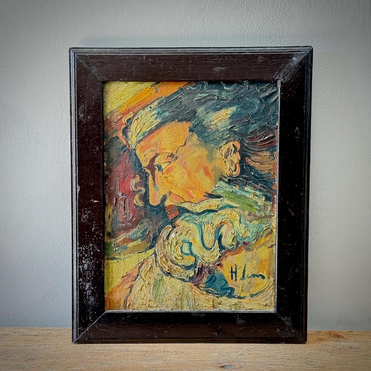 Dieses Ölgemälde auf Leinwand zeigt einen bärtigen Mann, der mit dicken, ausdrucksstarken Pinselstrichen dargestellt ist, die die Emotionen und den Charakter des Motivs einfangen. Die leuchtenden, wirbelnden Farben verleihen Tiefe und Bewegung und
