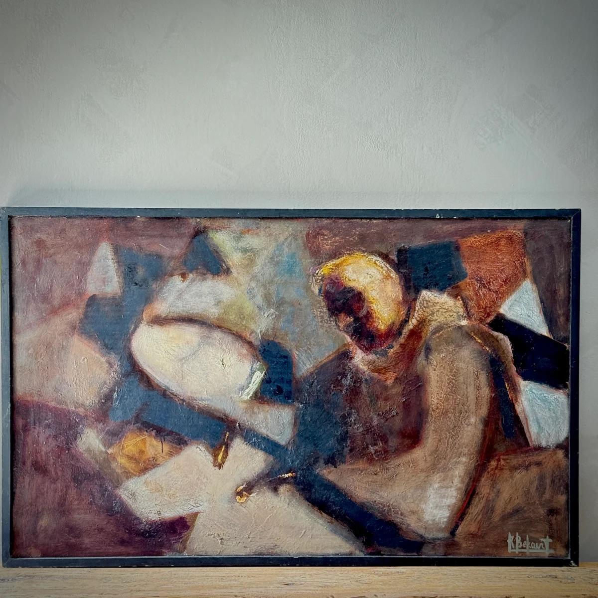 Dieses beeindruckende abstrakte Gemälde von Robert Bekaert ist ein meisterhaftes Beispiel für die belgische Kunst der Mitte des 20. Jahrhunderts. Jahrhunderts. Das Werk zeichnet sich durch eine dynamische Komposition mit erdigen Tönen und