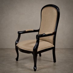 Ebonized Wood Armchairs, Flax Linen Upholstery, England, Circa 1880