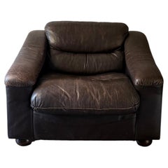 Plush Low Leather Armchair, French Mid-Century Design, Circa 1960